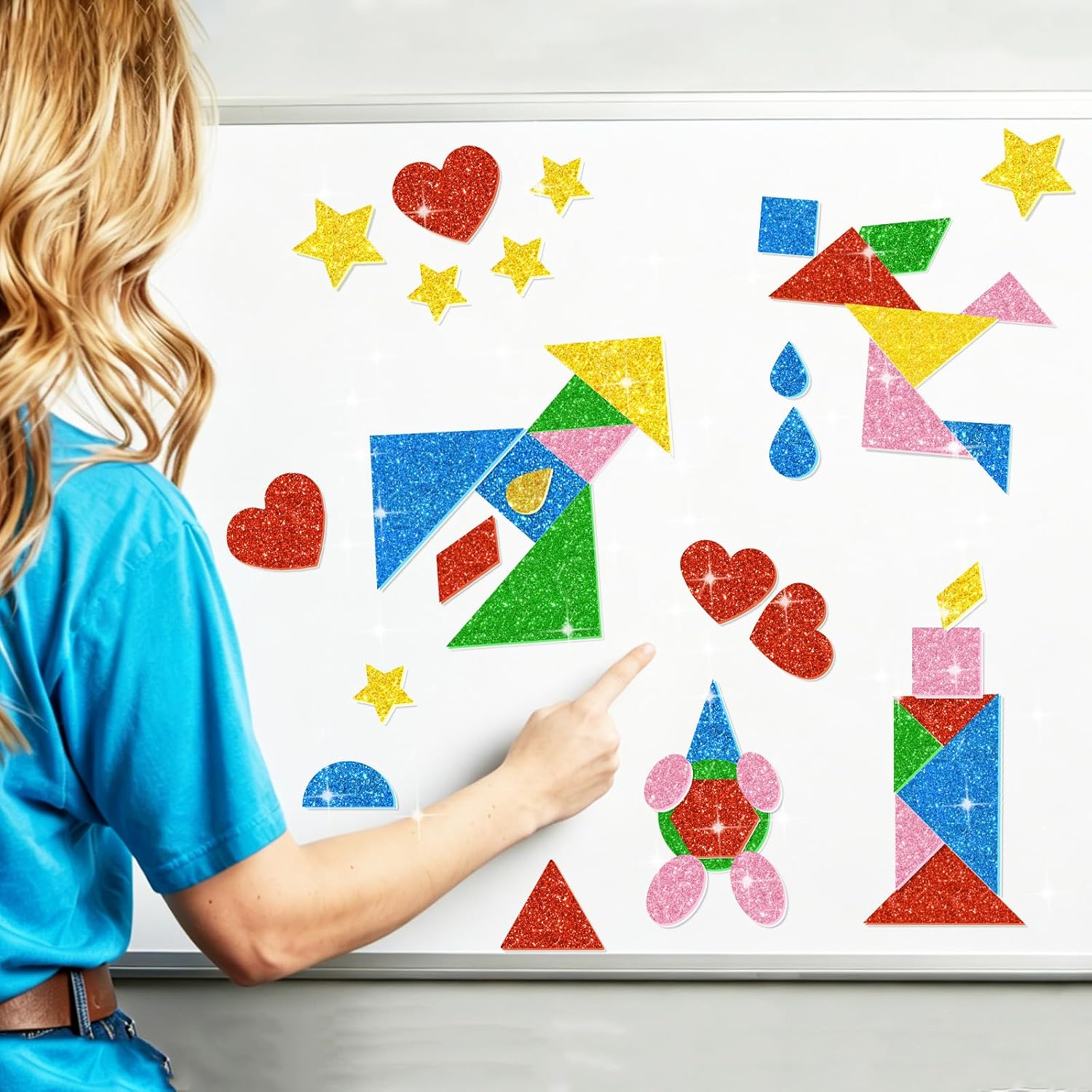 725Pcs Glitter Foam Stickers Geometric Foam Shape Stickers Colorful Heart Star Circle Triangle Moon Self Adhesive Foam Stickers for Scrapbooking Classroom DIY Craft Preschool Project Party Decor