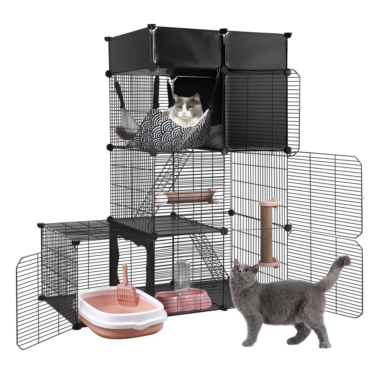 Upgrade Cat Cage, 3 Tier DIY Cat Cages Indoor Enclosure with Storage Compartment, Cat Playpen Crate Kennel Catio Detachable Metal Wire with Litter Box Scratching Post Bed Hammock Bowls
