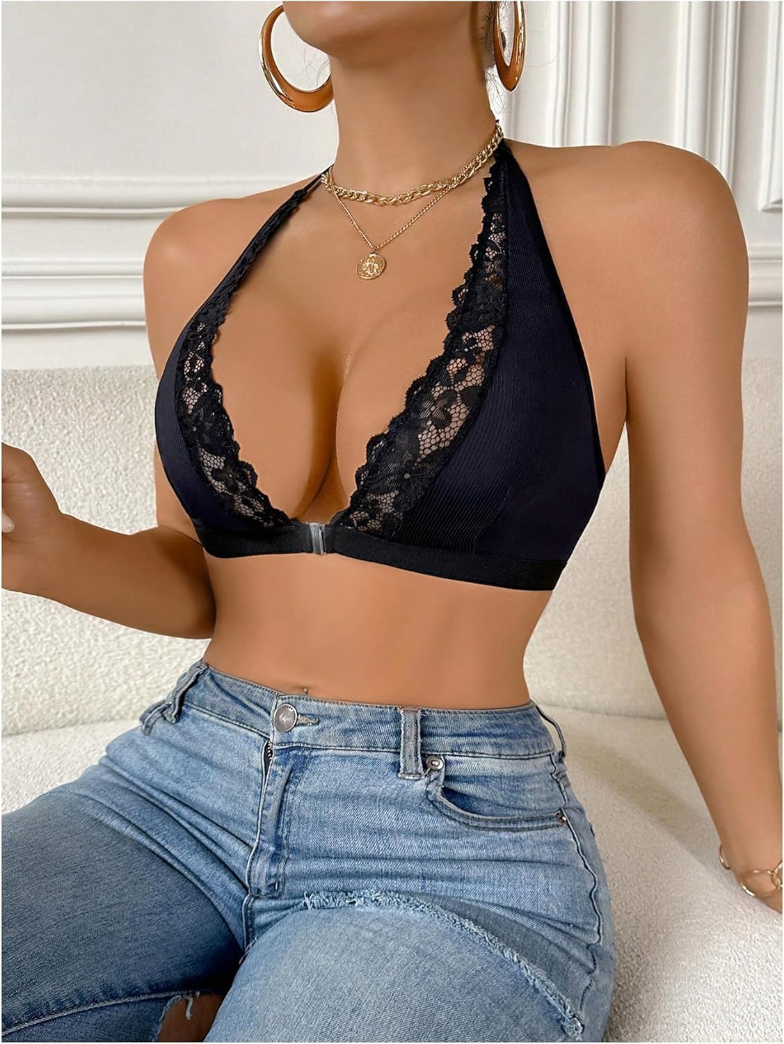 OYOANGLE Women's Lace Trim Front Closure Halter Bra Wireless Backless No Padding Soft Lace Bralette - Image 4