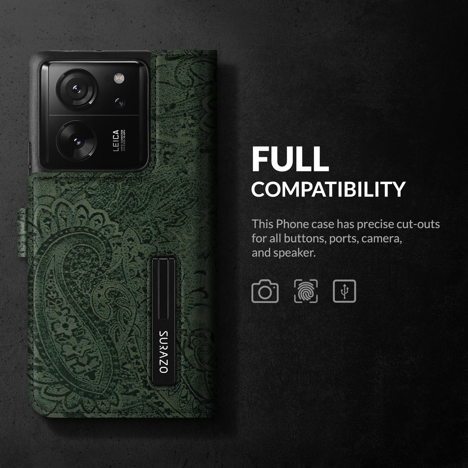 SURAZO Premium Slim Magnetic Mobile Phone Case for Xiaomi 13T Pro & 13T 5G Leather Case - Foldable Genuine Leather Protective Case [Card Slot, RFID Protection, Floral Pattern] Flip Wallet Case Cover
