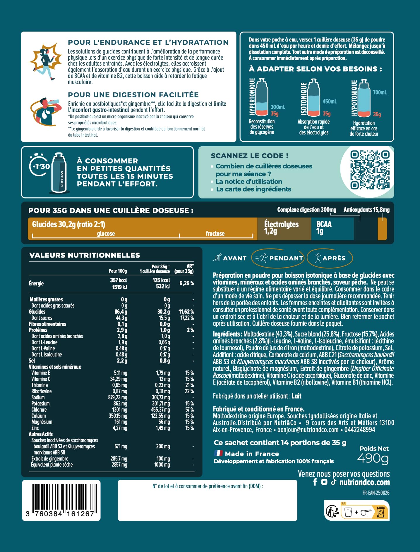NUTRI & CO Boisson Énergétique Isotonique en Poudre - Ratio 2:1 Glucose/Fructose avec BCAA, Électrolytes, Postbiotiques & Gingembre - Running, Vélo, Hyrox - 490g Goût Pêche - Fabriqué en France