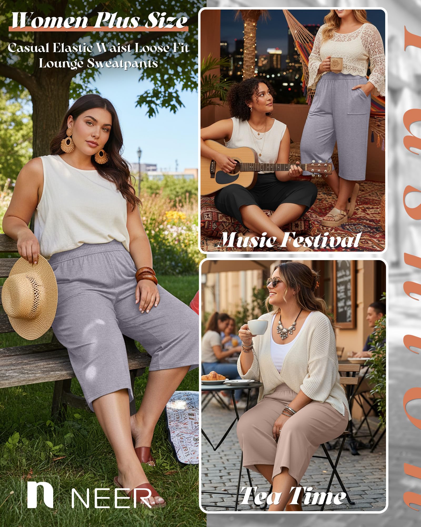 Neer Lot de 3 Pantalons Capri à Jambe Large en Coton pour Femme - Grande Taille - Taille élastique - Coupe Ample - Pantalon de Sport avec Poche