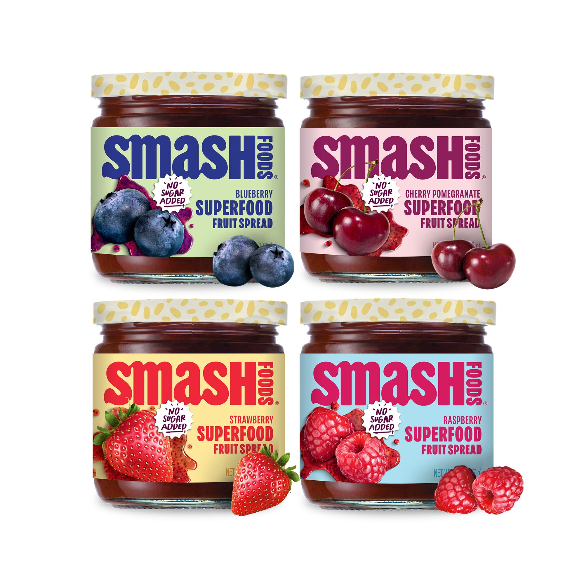 Chia Smash Jam, Variety 4-Pack | No Sugar Added, Naturally Sweet Jelly | Keto Friendly, Low Calorie, Low Carb | Non GMO, Upcycled, Vegan, Plant Based, Paleo | Strawberry, Raspberry, Blueberry, Cherry