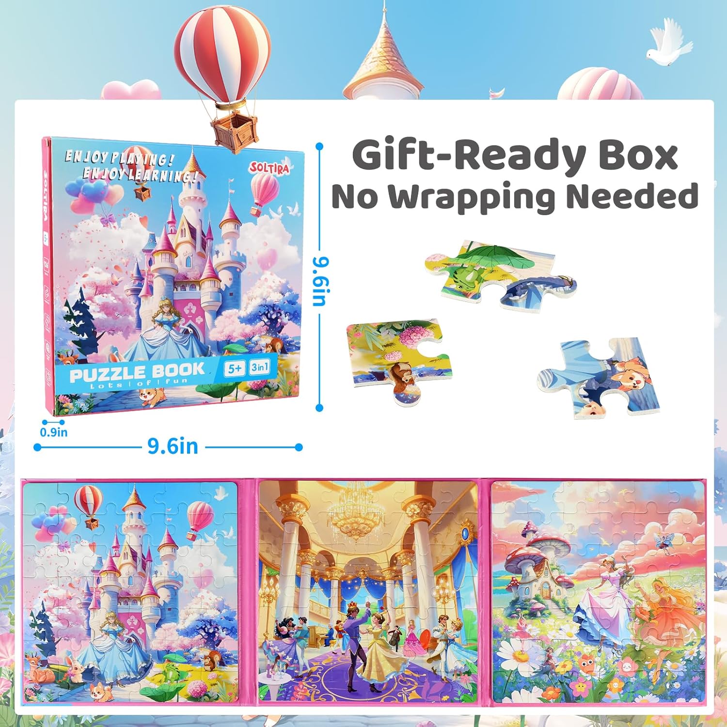 Puzzles for Girls 5-8 Princess Themes(Castle/Ball/Elf, 3 * 42PCS) Large Size Magnetic Puzzles for Girls 5-6 Travel Activities for Kids, Birthday Presents for Girl 5 6 7 8 Years Old