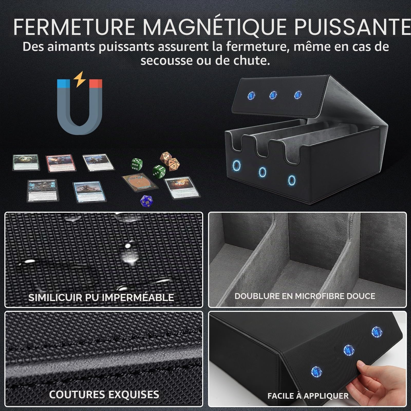 HIMOMO Boîte Rangement Carte, Étui pour Deck de 2100+ Cartes avec Similicuir et Fermeture Magnétique, Card Deck Box TCG, Compatible avec MTG, et Cartes de Sport, Inclut 8 Diviseurs(Gris)