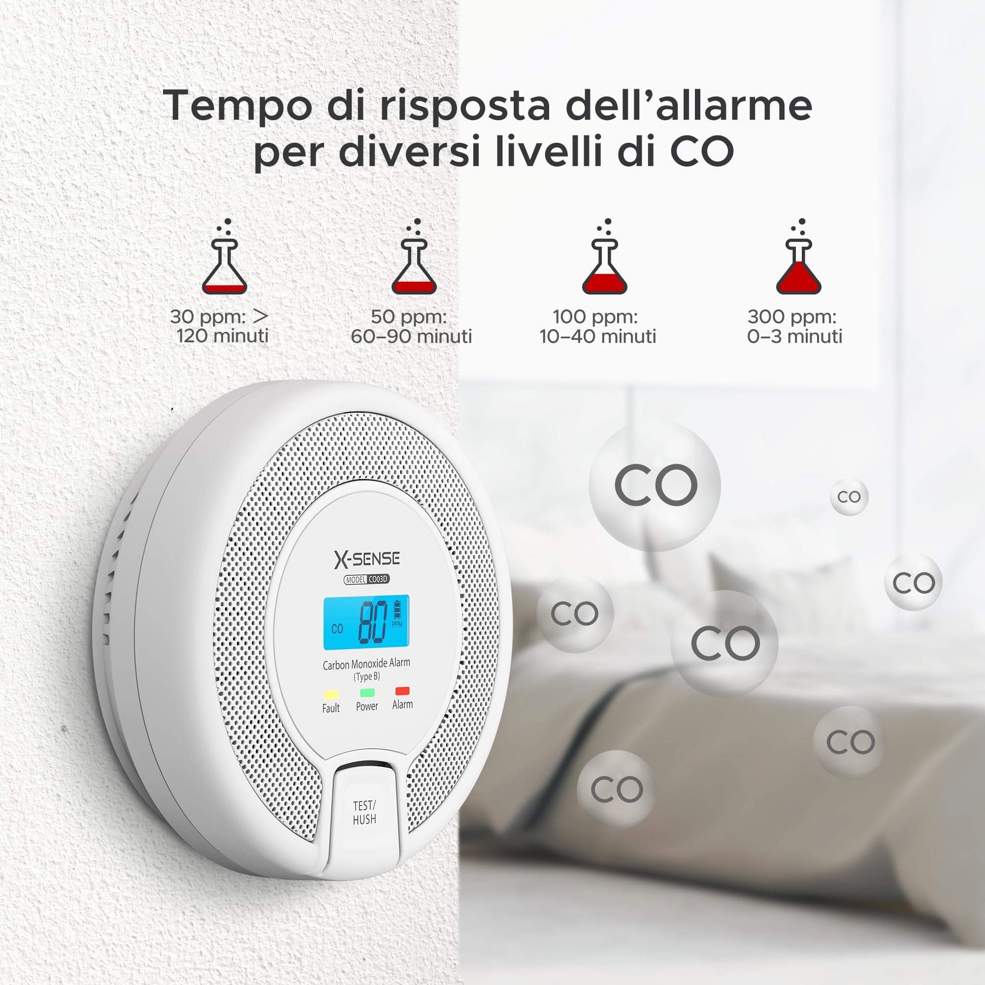 X-Sense Rilevatore di Monossido di Carbonio Autonomo con Display Digitale, Sensore Preciso con Una Durata di Vita di 10 Anni, Certificato e EN 50291, CO03D