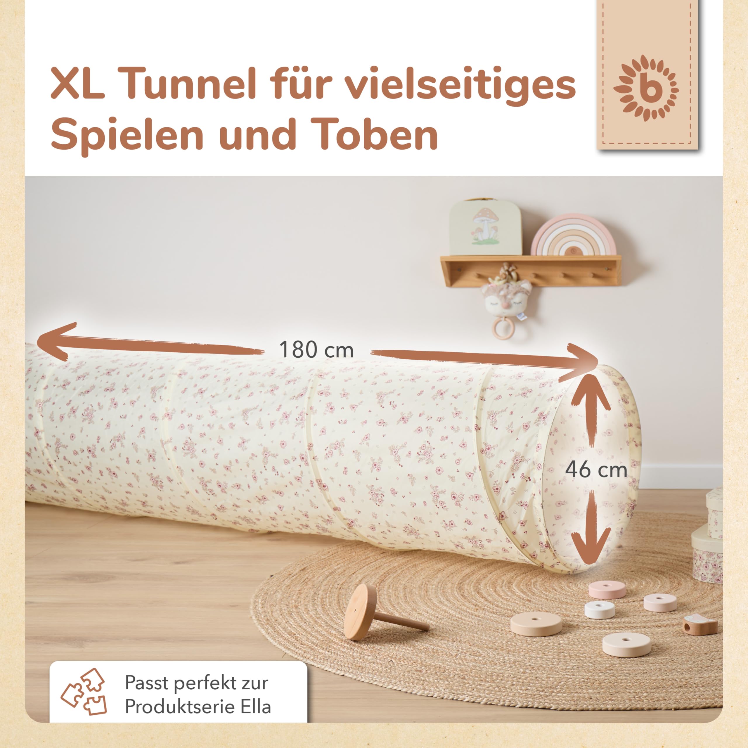 Bieco Pop Up Spieltunnel Vintage Flowers Krabbeltunnel ab 1 Jahr | 180 x 46cm | Spieltunnel Kind und Baby | Farbenfroh | Tunnel Kinder | Spielzelt | Hundetunnel | Hunde Spieltunnel Krabbeltunnel Baby