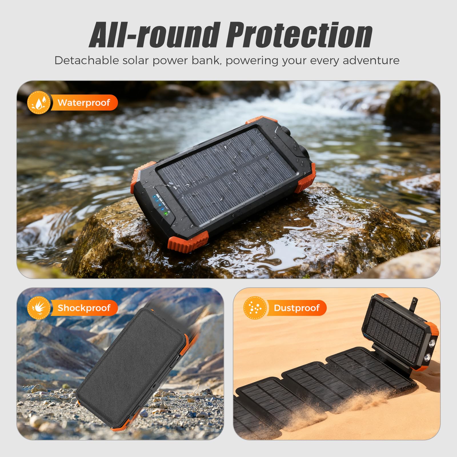 Super Power Bank Solar, Sestuplo Wireless 20000 mAh + LED Ad Alta Intensità + 3 Porte di Ricarica Rapida 22,5 W | Caricatore Solare | Caricatore Portatile | Batteria Solare