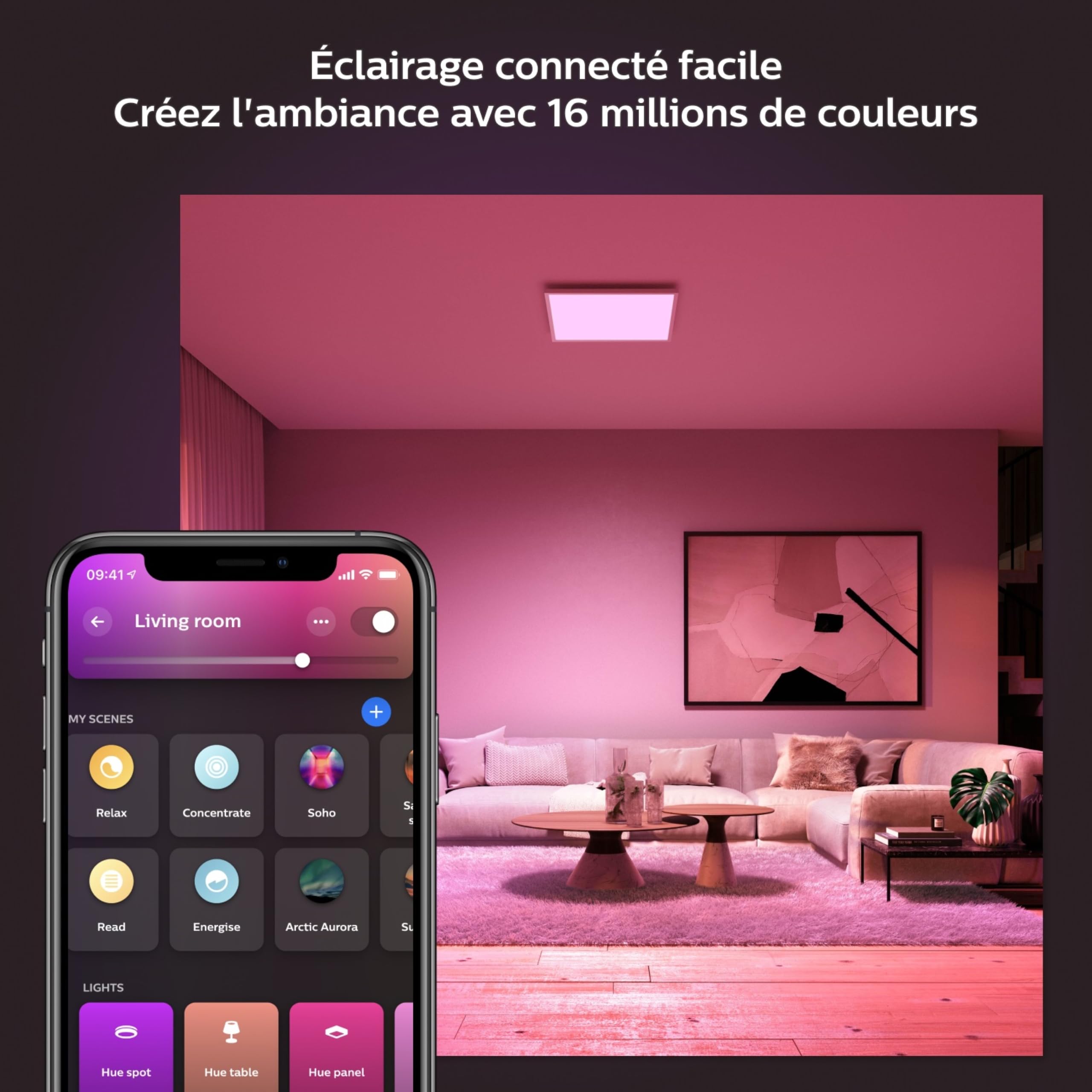 Philips Hue White and Color Ambiance, Panneau LED connecté carré SURIMU, compatible Bluetooth, Blanc, fonctionne avec Alexa, Google Assistant et Apple Homekit