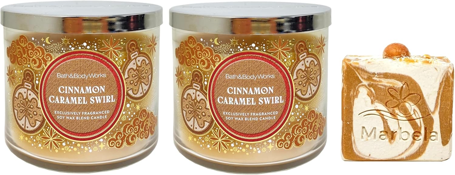 Bath & Body Works Cinnamon Caramel Swirl 2 Piece 3-Wick Scented Candle Set with a Peach Gardenia Bar Soap