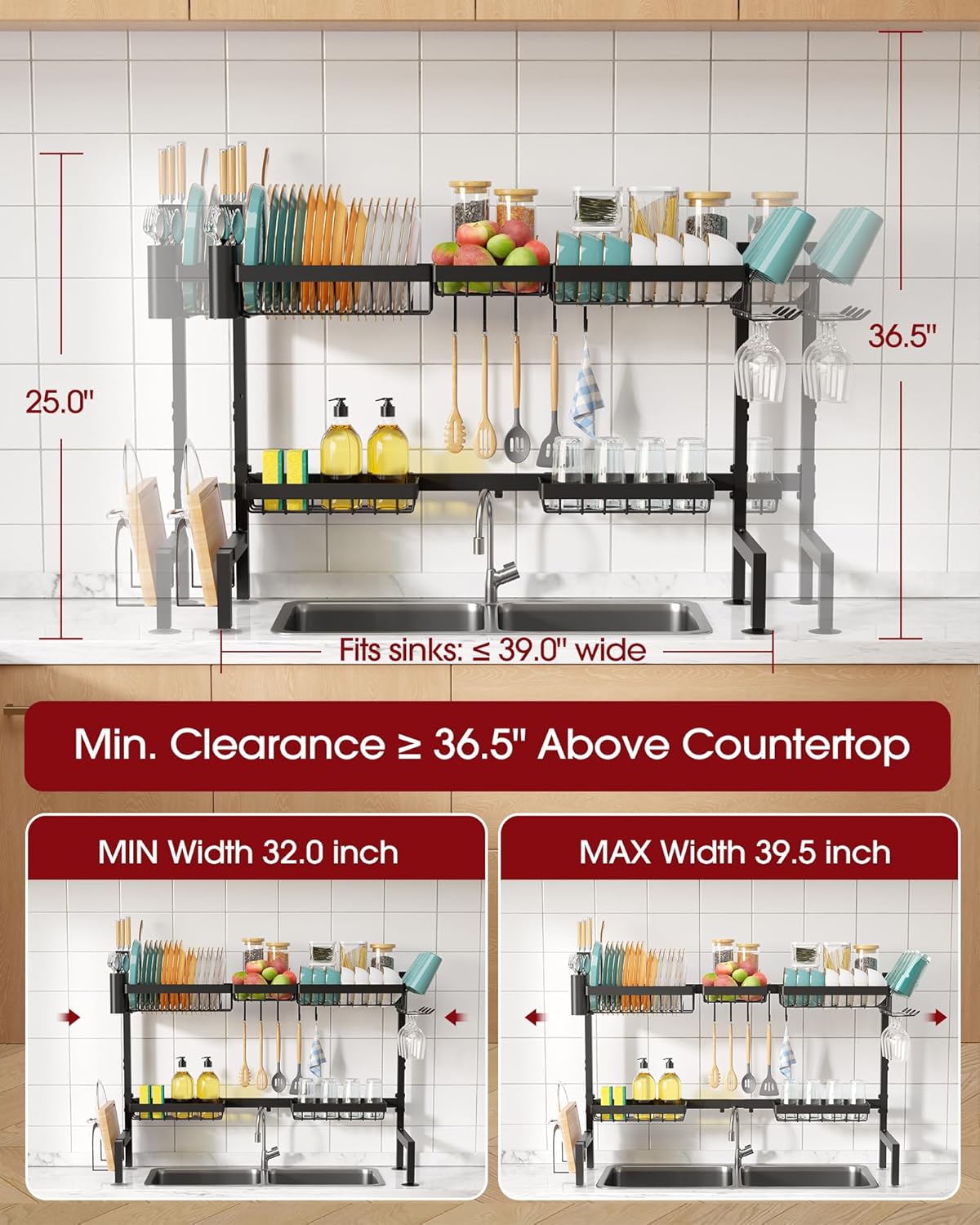 Over The Sink Dish Drying Rack - Adjustable 2 Tier X-Large Capacity Stainless Steel Drainer with Cutlery & Utensil Holders, Kitchen Storage & Organization, 32"-39.5" L x 12" W x 25" H, Black