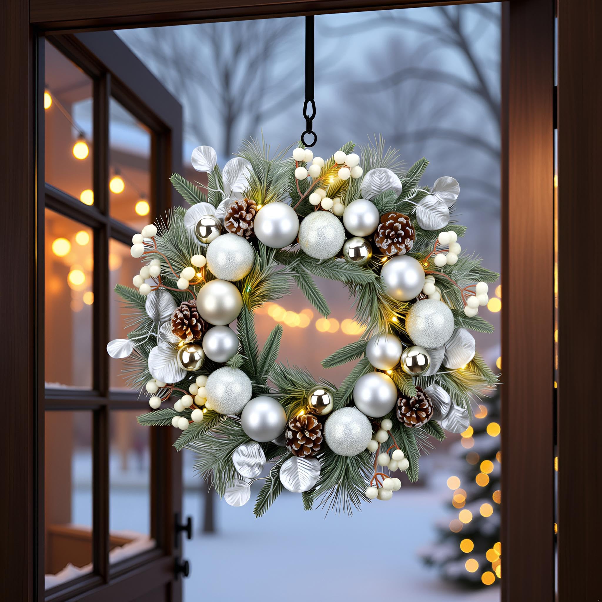 YULETIME Weihnachtskranz, 50,8 cm, Kugeln, Beeren, Tannenzapfen, Blätter, bereifte Fichtenzweige und Tannennadeln (Silber) | Silberfarbene Kugeln, weiße Beeren, Tannenzapfen, silberfarbene Blätter, gefrostete Fichtenzweige und Tannennadeln