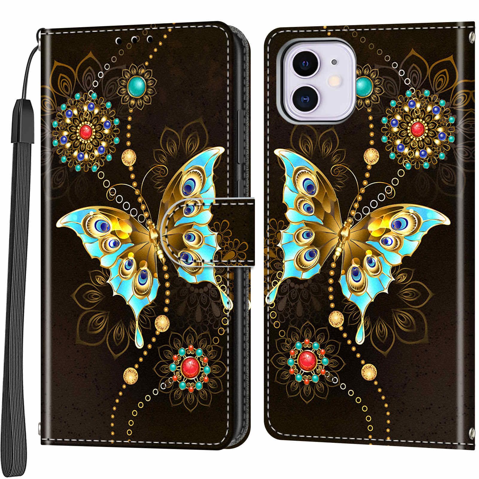 Custodia A Portafoglio Per IPhone 11 Con Farfalla E Gatto - Pelle PU Verde, Antiurto Con Supporto - 3