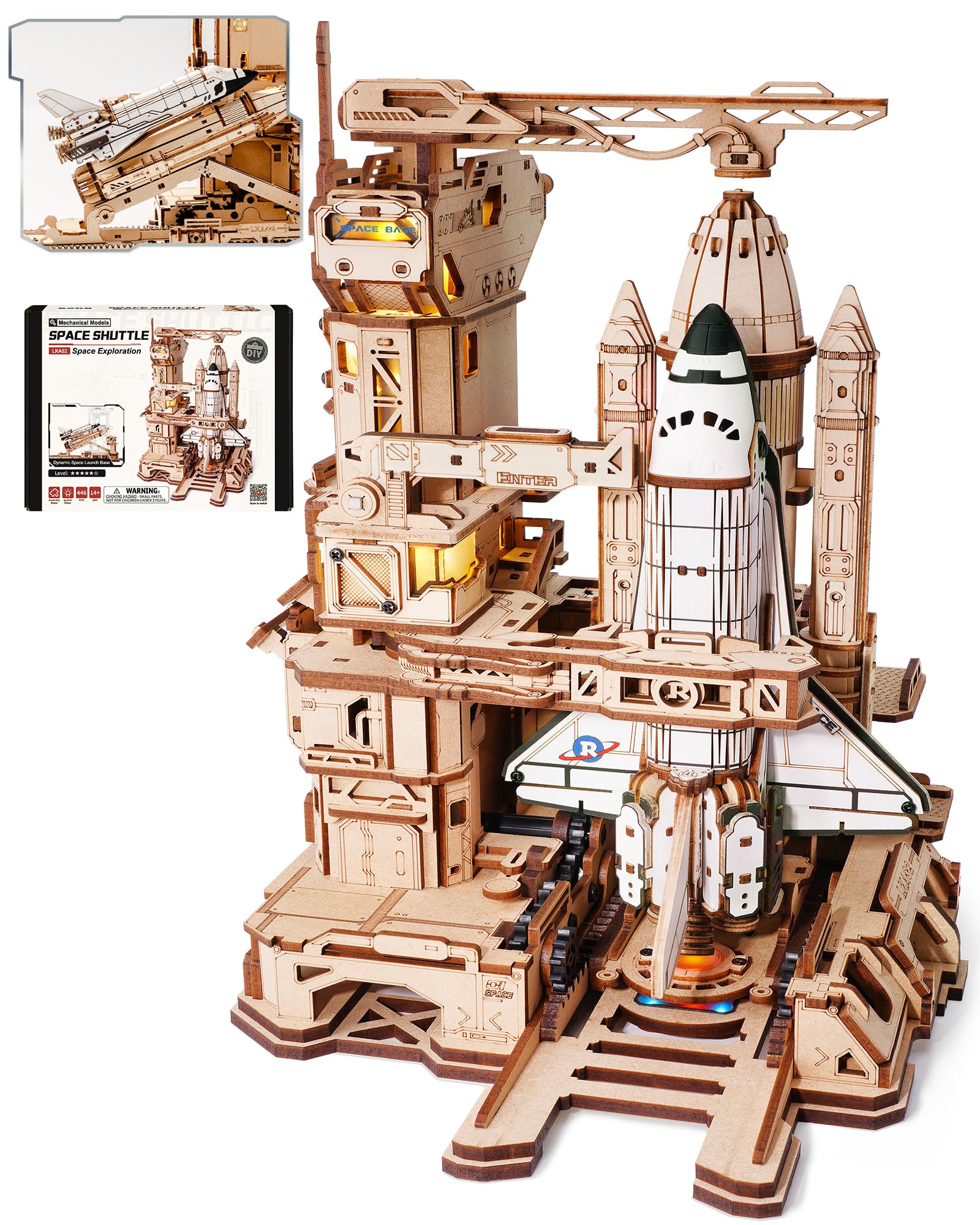 ROBOTIME Puzzle 3D in Legno Navetta Spaziale per Adulti – Base di Lancio Meccanica con Effetti Visivi e Movimento, Kit Fai-da-Te Astronave, Regalo STEM per Amanti dello Spazio, LKA02