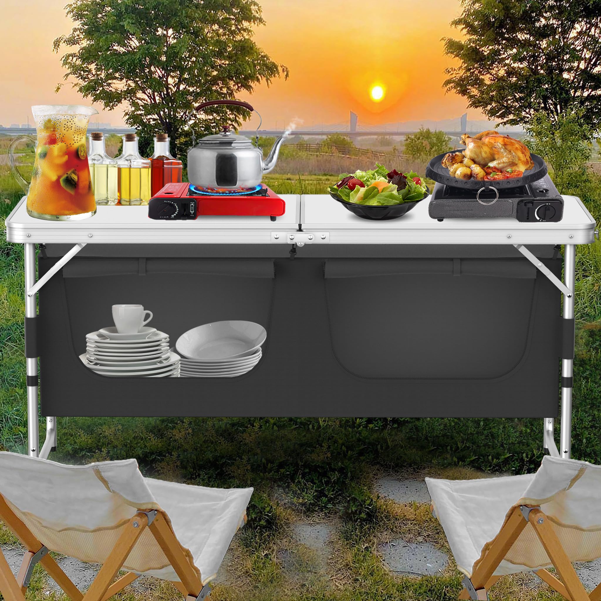 LILIIN Campingschrank Campingküche 120x47x68cm Outdoor-Reiseküche mit Aluminiumrahmen Camping-Schrank Klappbarer Outdoor Küche mit Tragetasche für Camping, Grillen und Picknicks im Freien