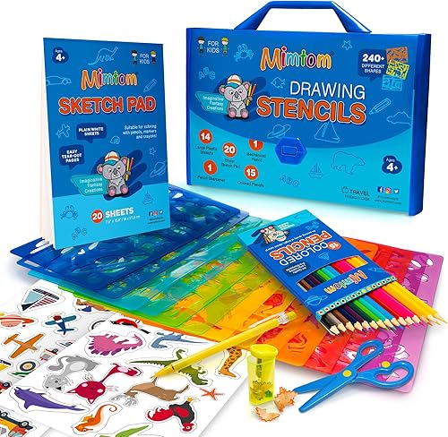 Kit de plantillas de dibujo para niños, juego de arte de 51 piezas con más de 240 formas, bloc de bocetos y lápices de colores para manualidades y