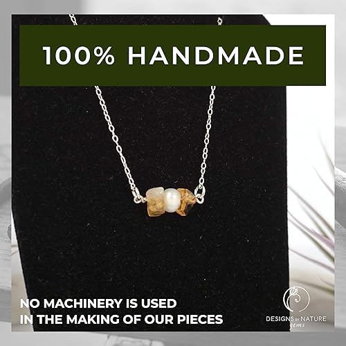 Miniatura 4 de Designs by Nature Gems Handmade Womens Citrine & Pearl Charm Necklace 20-22 inch Adjustable Chain Sterling Silver, February & June Birthstone