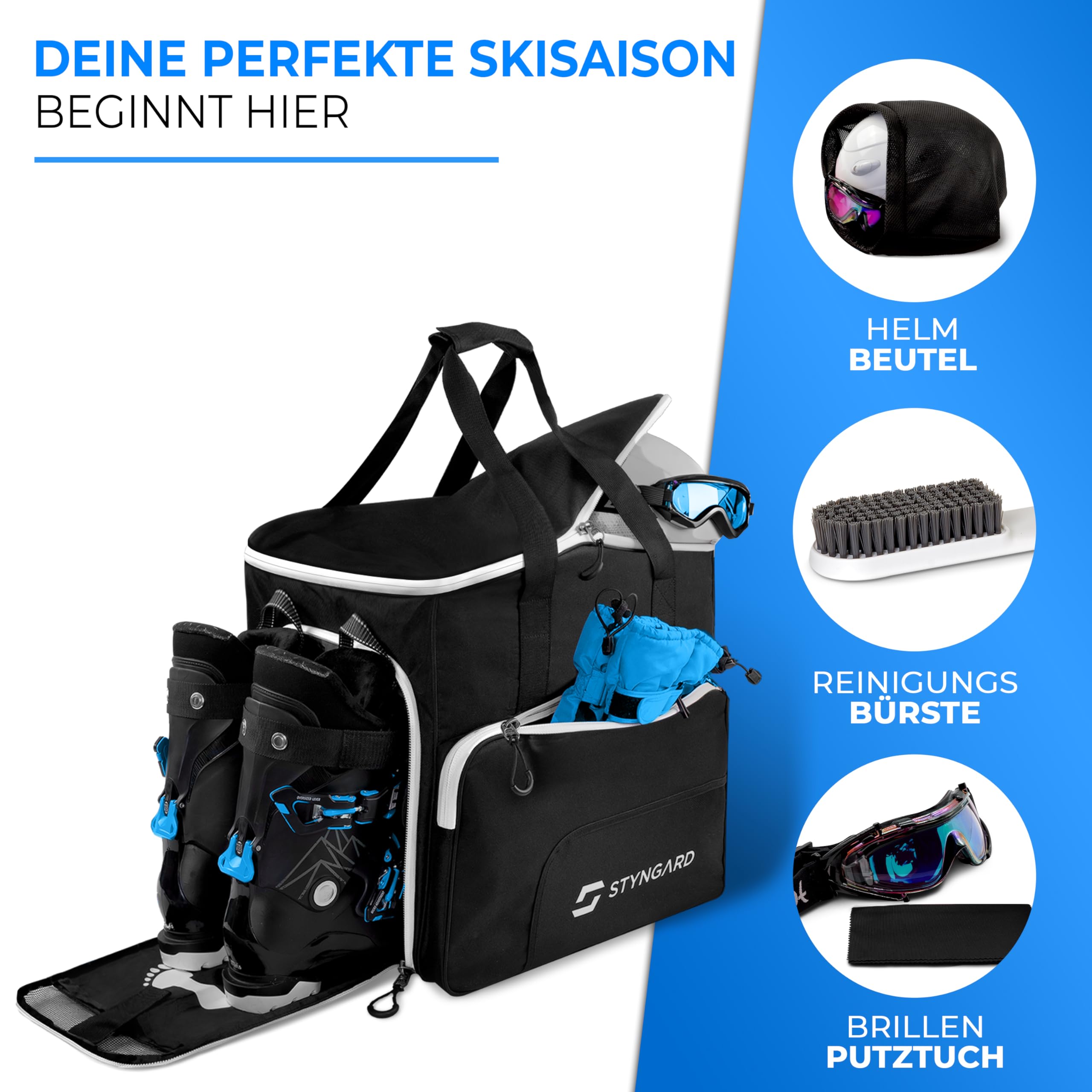 STYNGARD Skischuhtasche mit Helmfach und belüftetem Stiefelfach [54 L] - Ski Stiefeltasche mit Rucksackfunktion und Stauraum für Skizubehör - Tasche für Skischuhe Modell SÖLDEN