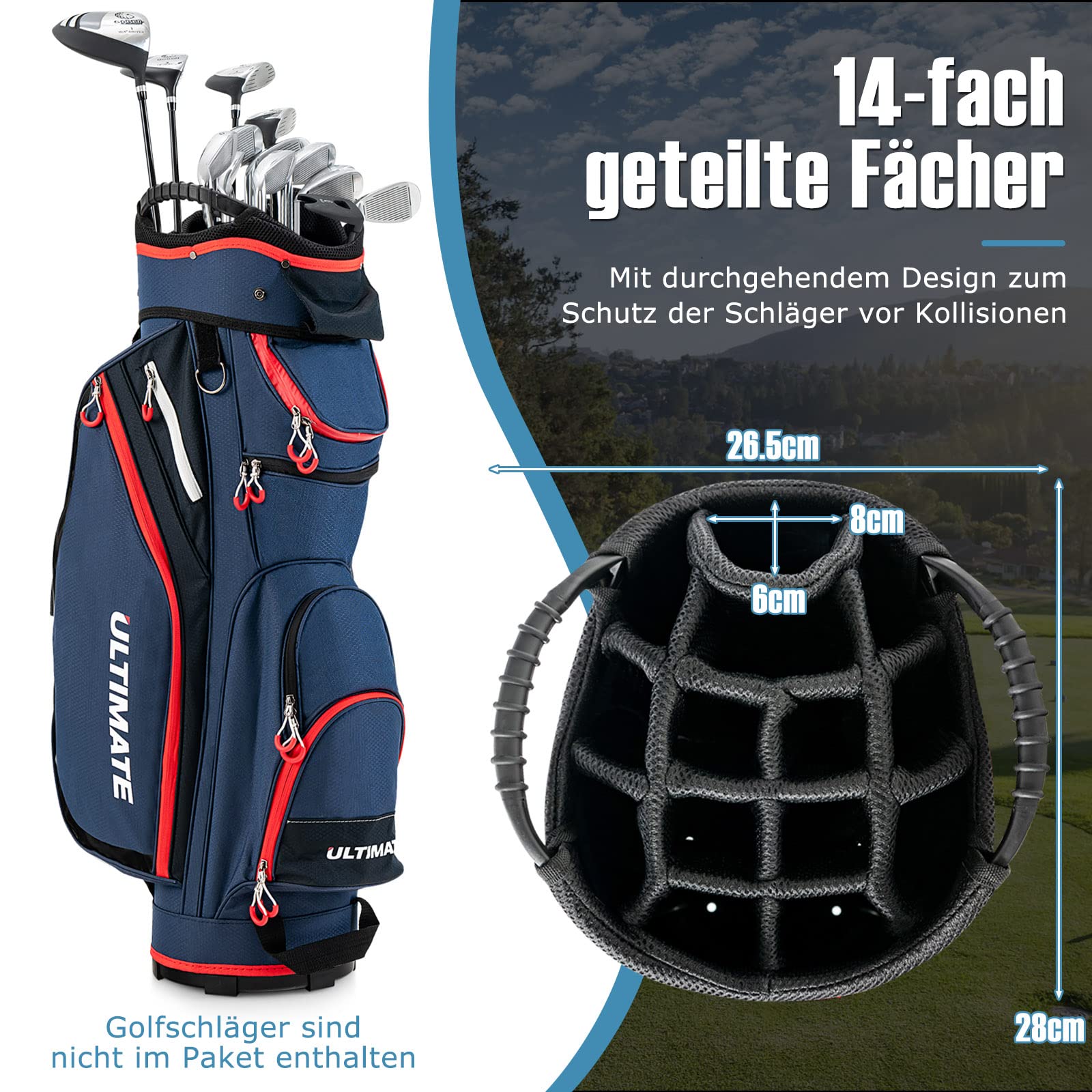 GYMAX Golftasche für bis zu 14 golfschläger, Wasserabweisende Golf-Standtasche mit Regenfülle & Starke Basis, Golfreisetasche mit Griff & Rückengurt, für die Driving Range und Executive Kurse