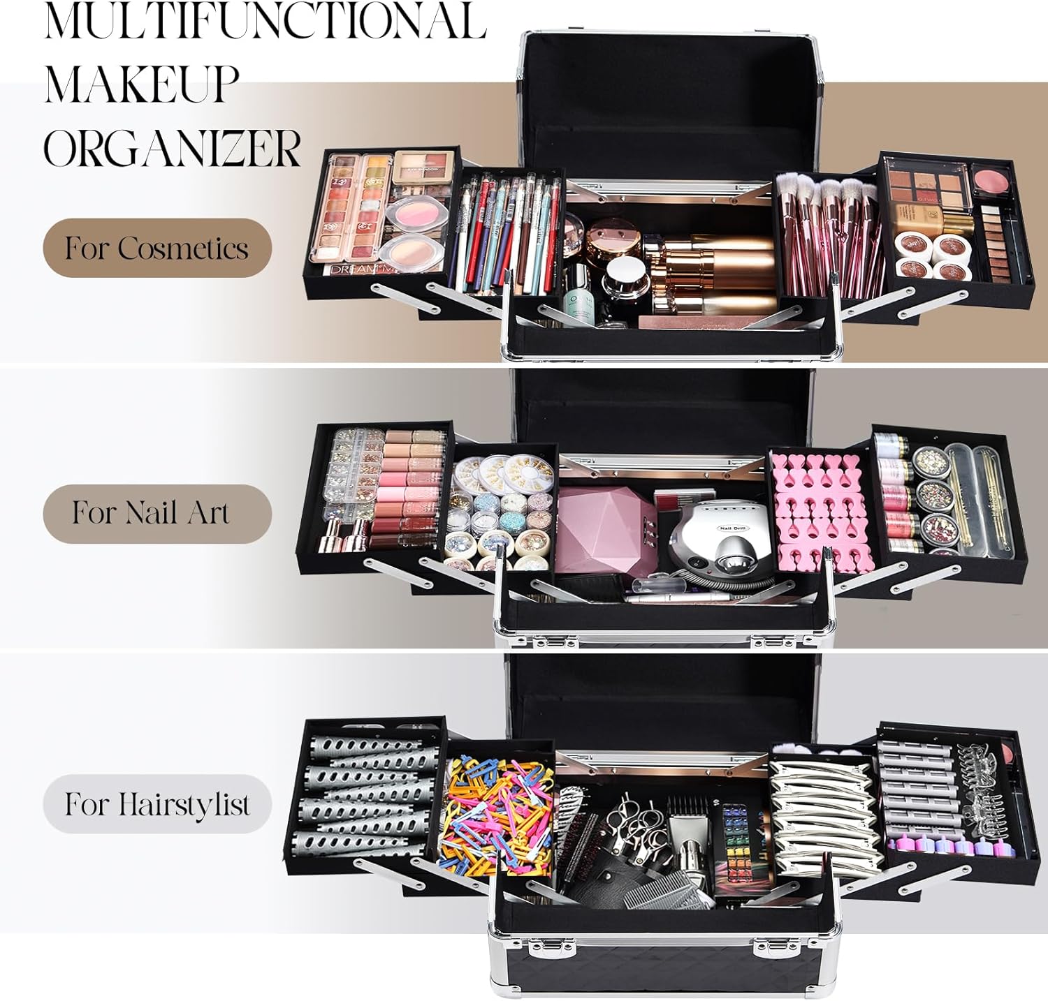 Rolling Makeup Train Case, 4-in-1 Cosmetology Case on Wheels, Nail Tech Cart for Travel, Professional Cosmetic Vanity Case, Suitcase for MUA/Manicure/Tattoo/Style, Lockable Storage Box, Black - Image 2