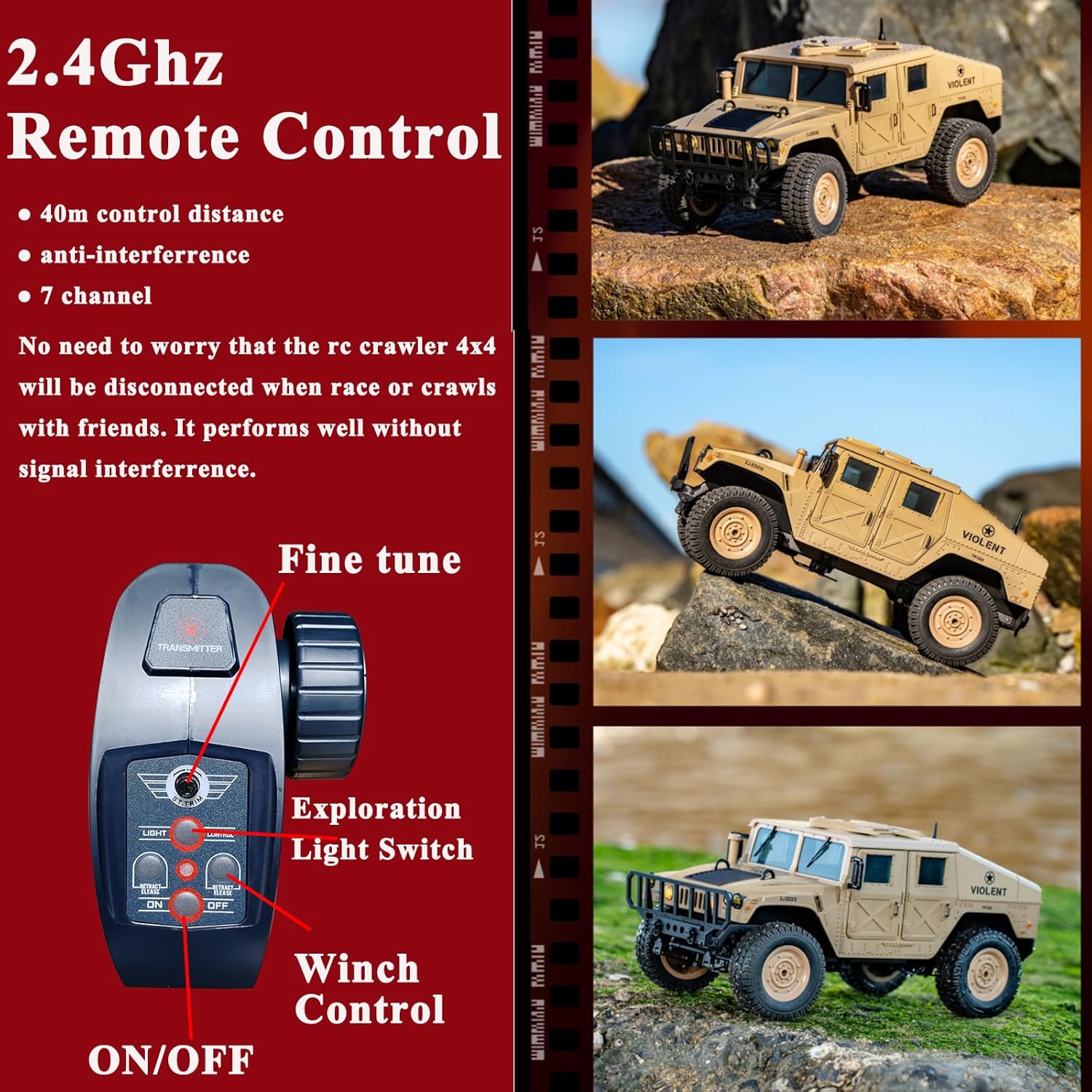 Skymaker RC Military Truck, Humvee 2.4Ghz Remote Control Truck, 4WD RC Hummer with Winch & Machine Gun, Khaki