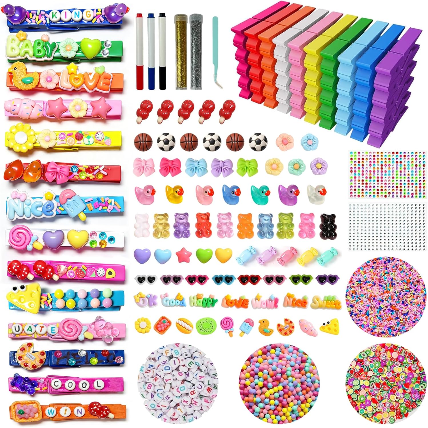 Cheer Pins Spirit Clips – 100 - Pack Multicolor Wooden Clips with Mini Bows, Duck Charms & Self-Adhesive Glitter for DIY Cheer Accessories, Schoolbag Decor, Team Crafts Gifts