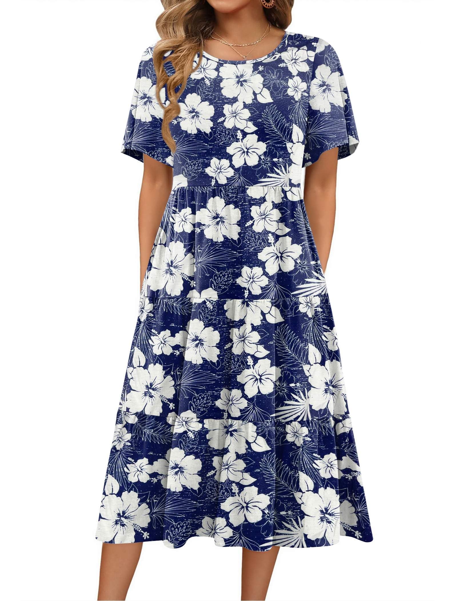 Zeagoo Women's Summer Dress Midi Floral Flutter Short Sleeve Casual Dresses with Pockets Tiered Flowy Boho Beach Dress