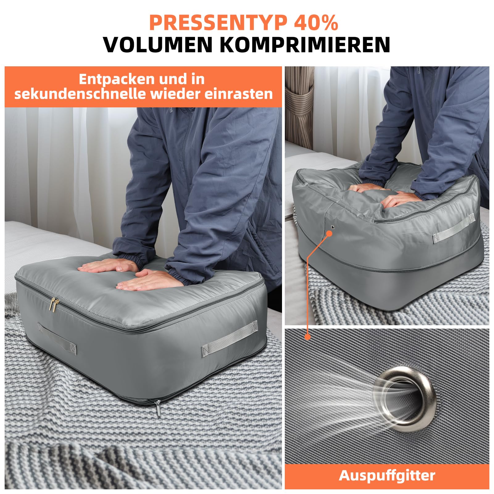 2 Stück Kompressions-Aufbewahrungstaschen – Selbstkomprimierend, Platzsparend Für Decken & Bettwäsche | Grau, 54x42x60 Cm