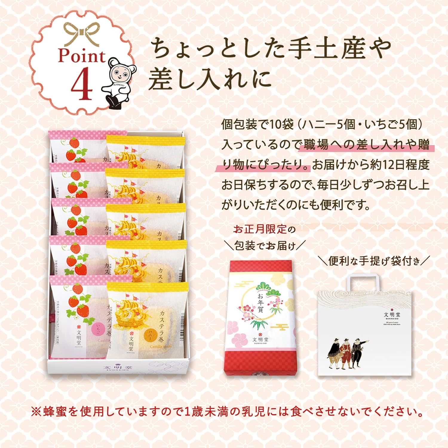 【予約販売】文明堂 紅白カステラ巻10個入（いちご×5個ハニー×5個）手提げ袋付き お正月 お年賀 御年賀 個包装 お菓子 和菓子 洋菓子 プレゼント お祝い お取り寄せ 箱入り 手土産 辰年 カステラ 蜂蜜 イチゴ 冬ギフト 贈り物 年末年始 縁起物 帰省土産※こちらの商品は12月25日以降の発送となります。