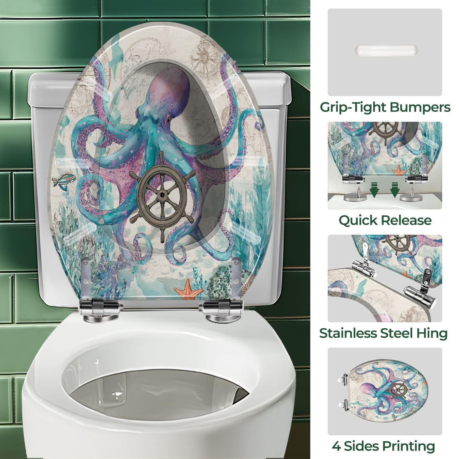 Asiento de inodoro alargado de resina con bisagras de liberación rápida para baño doméstico.