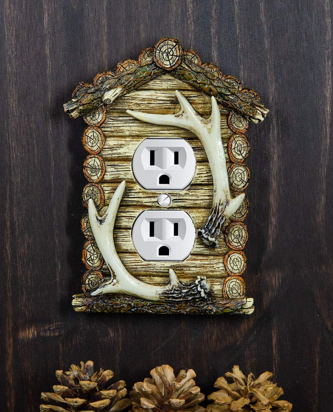 Ebros Set of 2 Novelty Rustic Log Cottage Cabin Lodge Home With Deer Antlers Wall Electrical Switch Cover Plate Hand Painted Antler Resin Home Decor Accessory (Double Receptacle Outlet)