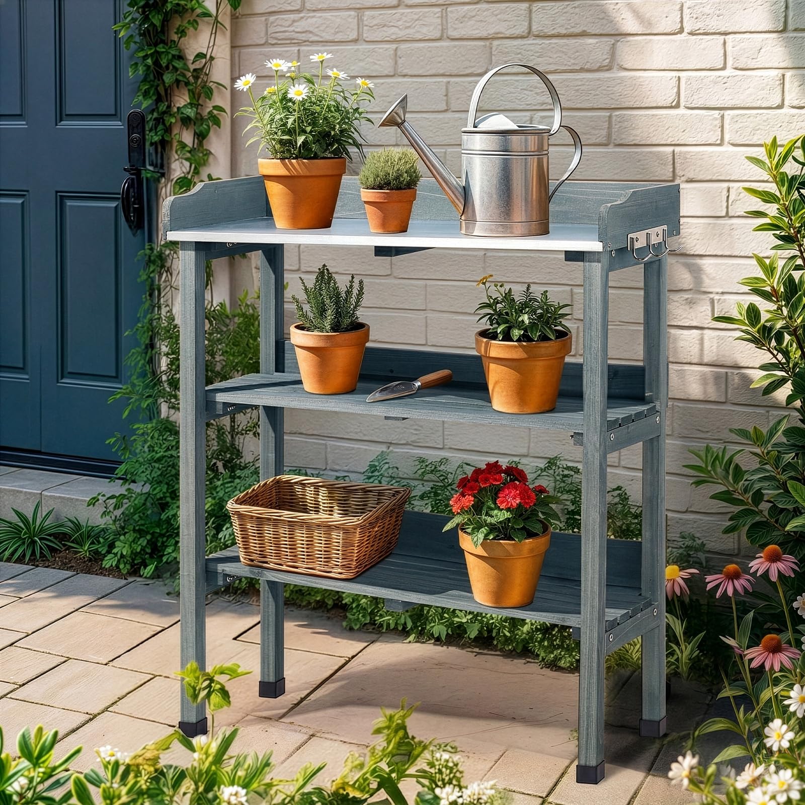 LEADZM Pflanztisch Outdoor wetterfest 74 x 36 x 90 cm - Verzinkte Arbeitsplatte, zweistufiges Regal und 3 Haken, pflanztisch für Garten/Balkon/Terrasse (Grau)