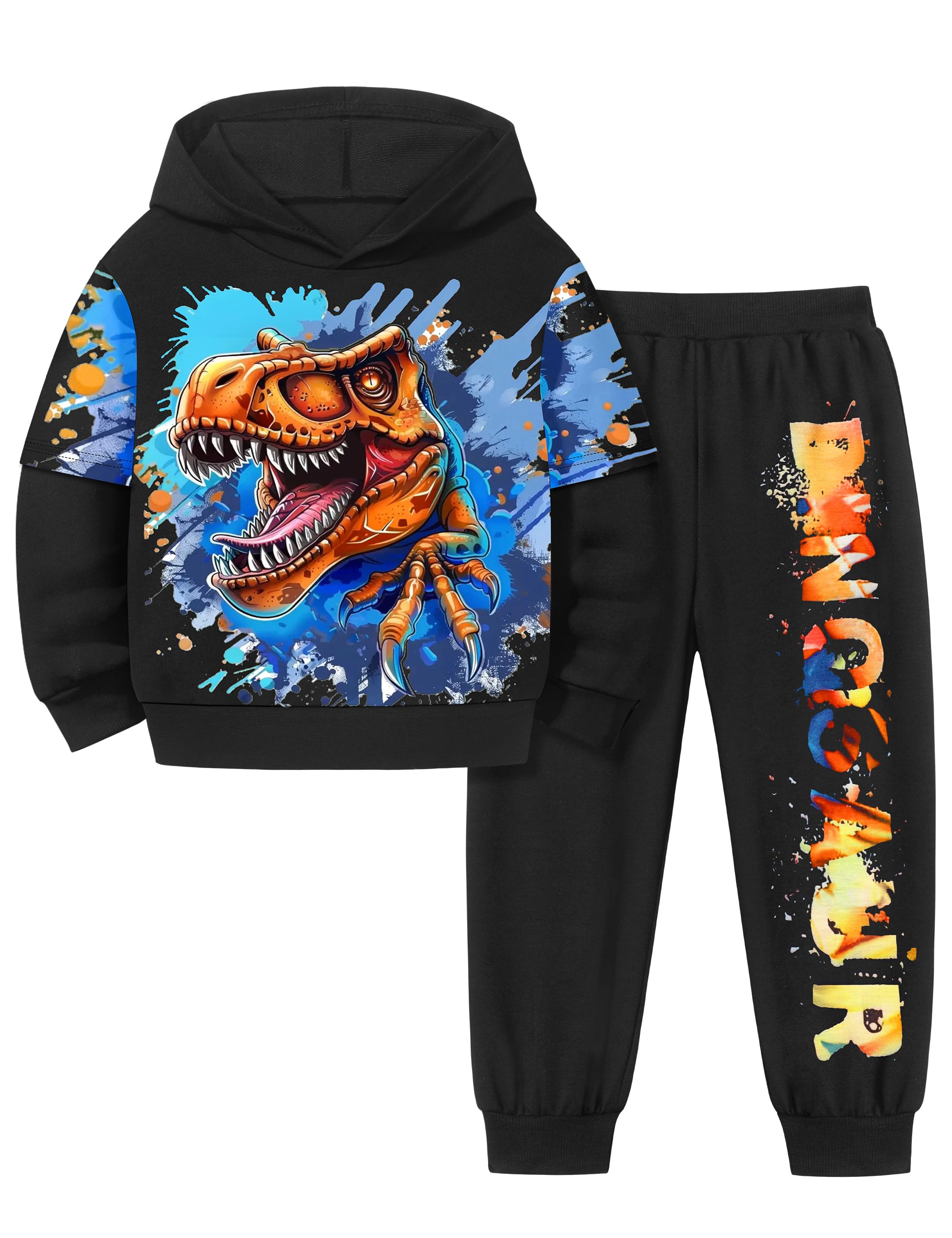 TyeSmo Toddler Boy Dinosaur Print Hoodie & Tie-Dye T-Rex Sweatpants Set (Sizes 3-7Y)