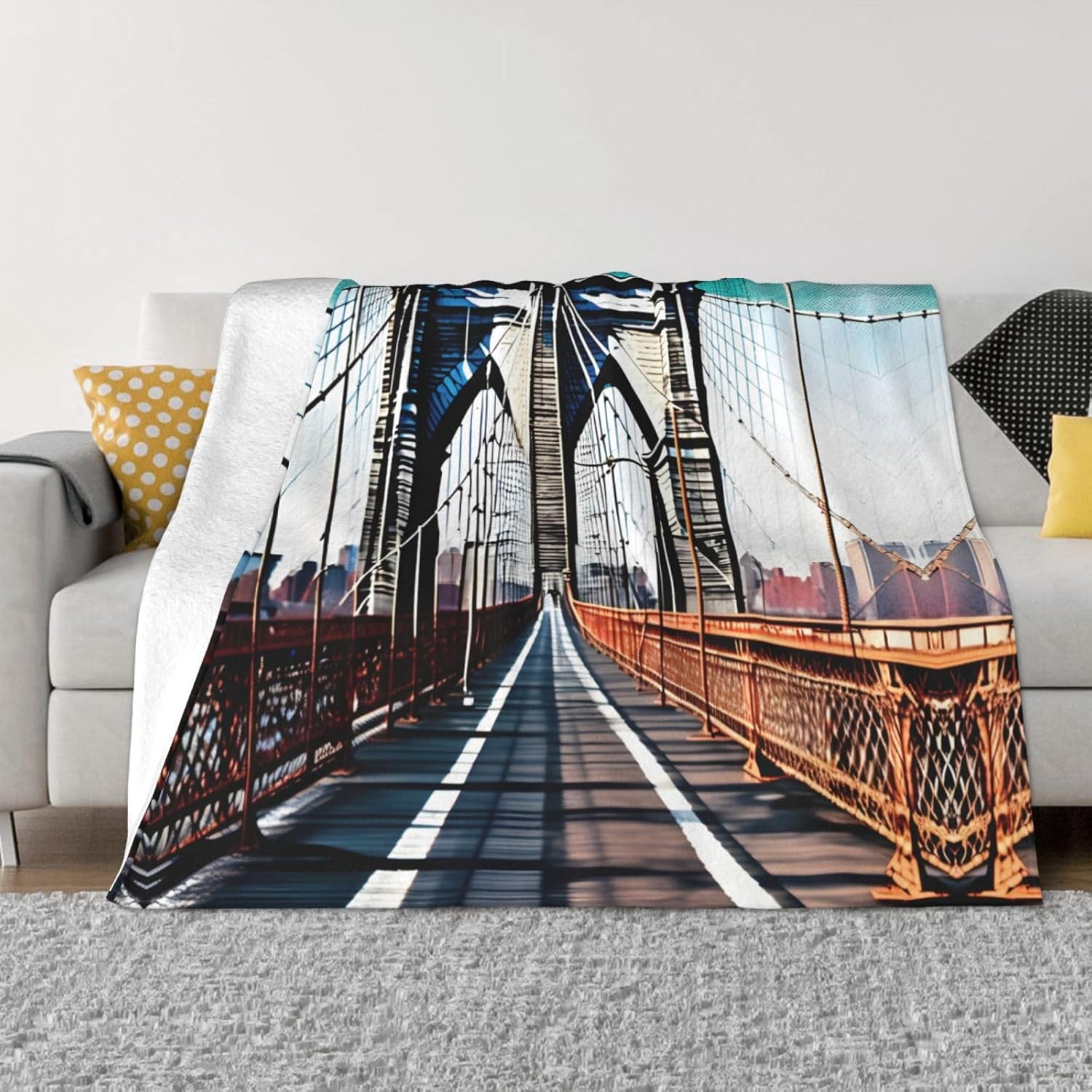 Flannel Fleece Blanket, Brooklyn Bridge Print Soft and Warm Throw Blanket, for Couch, Bed, and Outdoors