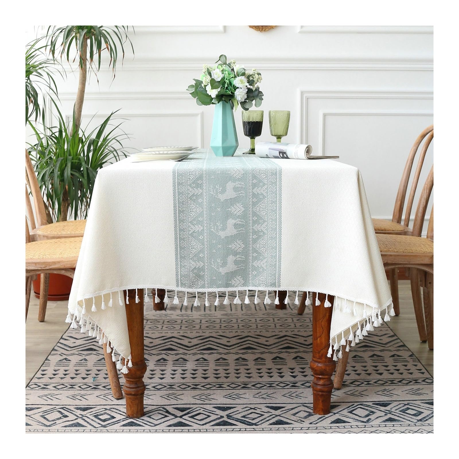 KnSam Mantel de 140 x 300 cm, copos de nieve navideños con borla, manteles de poliéster, lavable, vintage, impermeable, para interiores, exteriores, jardín, comedor, color blanco y verde