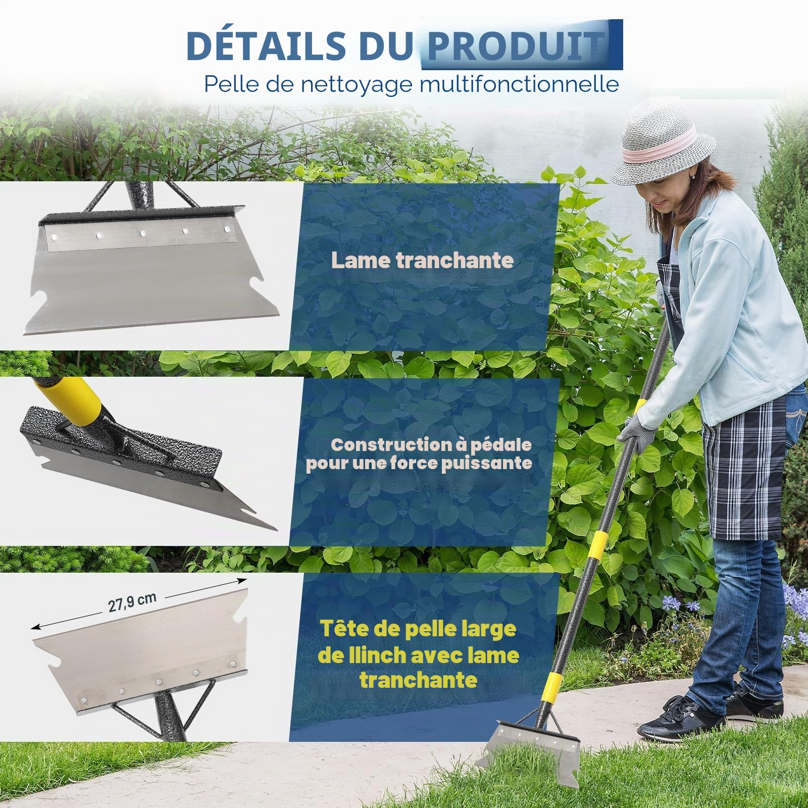 Pelle de nettoyage avec manche de 200 cm - Appareil de désherbage - Pelle de jardin plate multifonction - Pour désherber, gratter et enlever la glace
