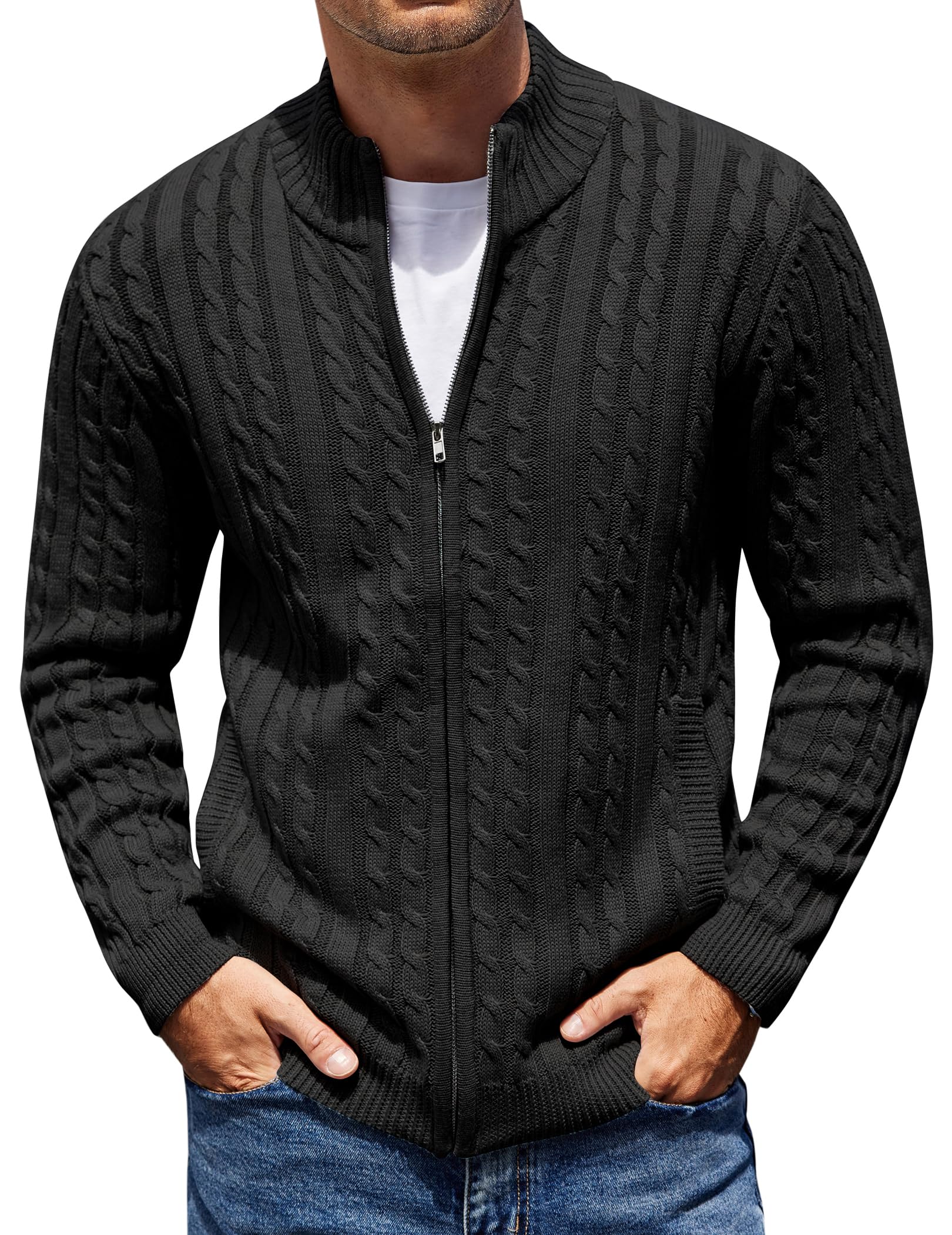 coofandy Men's Full Zip Cardigan Sweater Slim Fit Cable Knitted Zip Up Sweater with Pockets-picture-13
