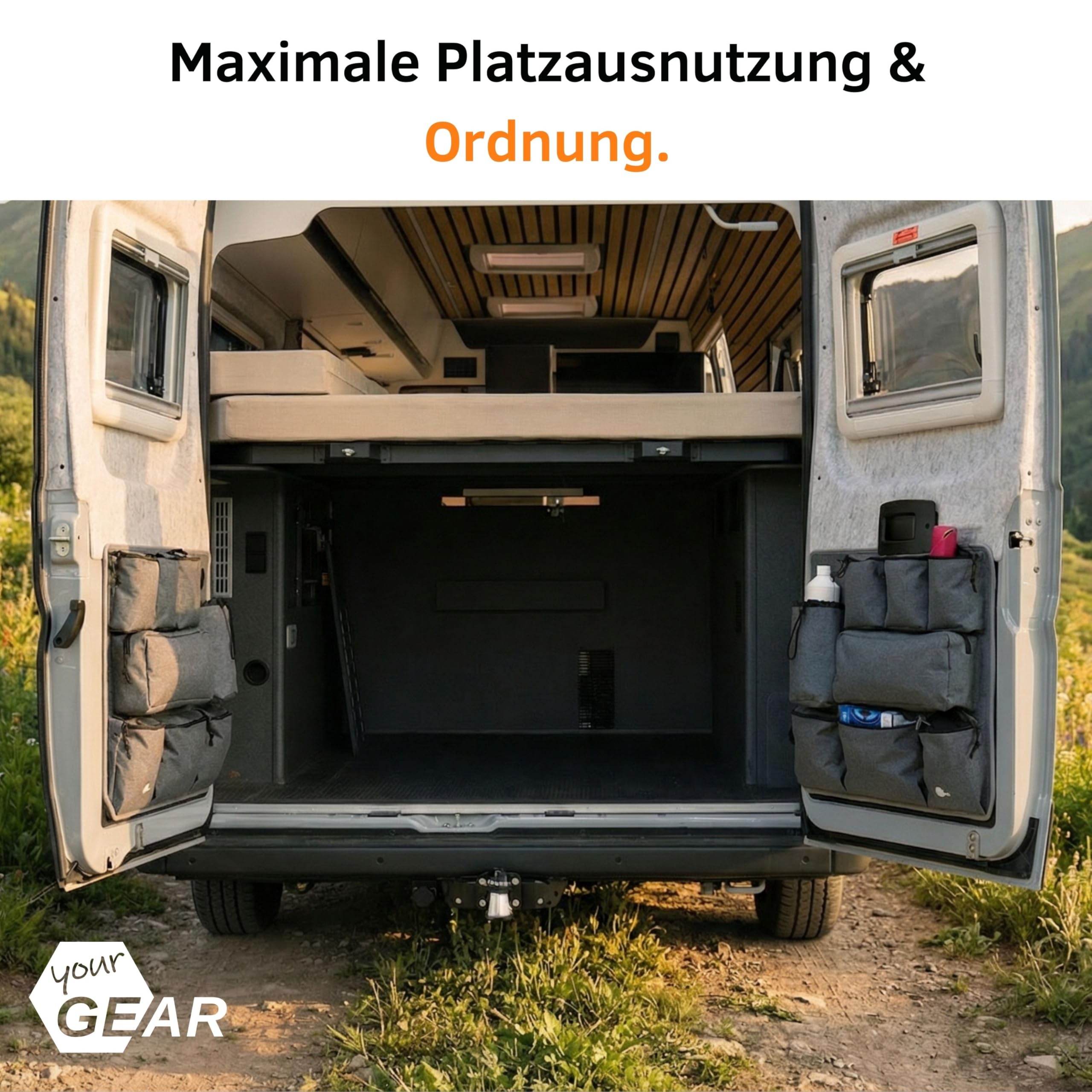 your GEAR Ortles L Organizador para puerta trasera izquierda de furgoneta – Bolsa de almacenamiento para autocaravana con 7 bolsillos con cremallera y portabotellas – Bolsa de utencilios de camping