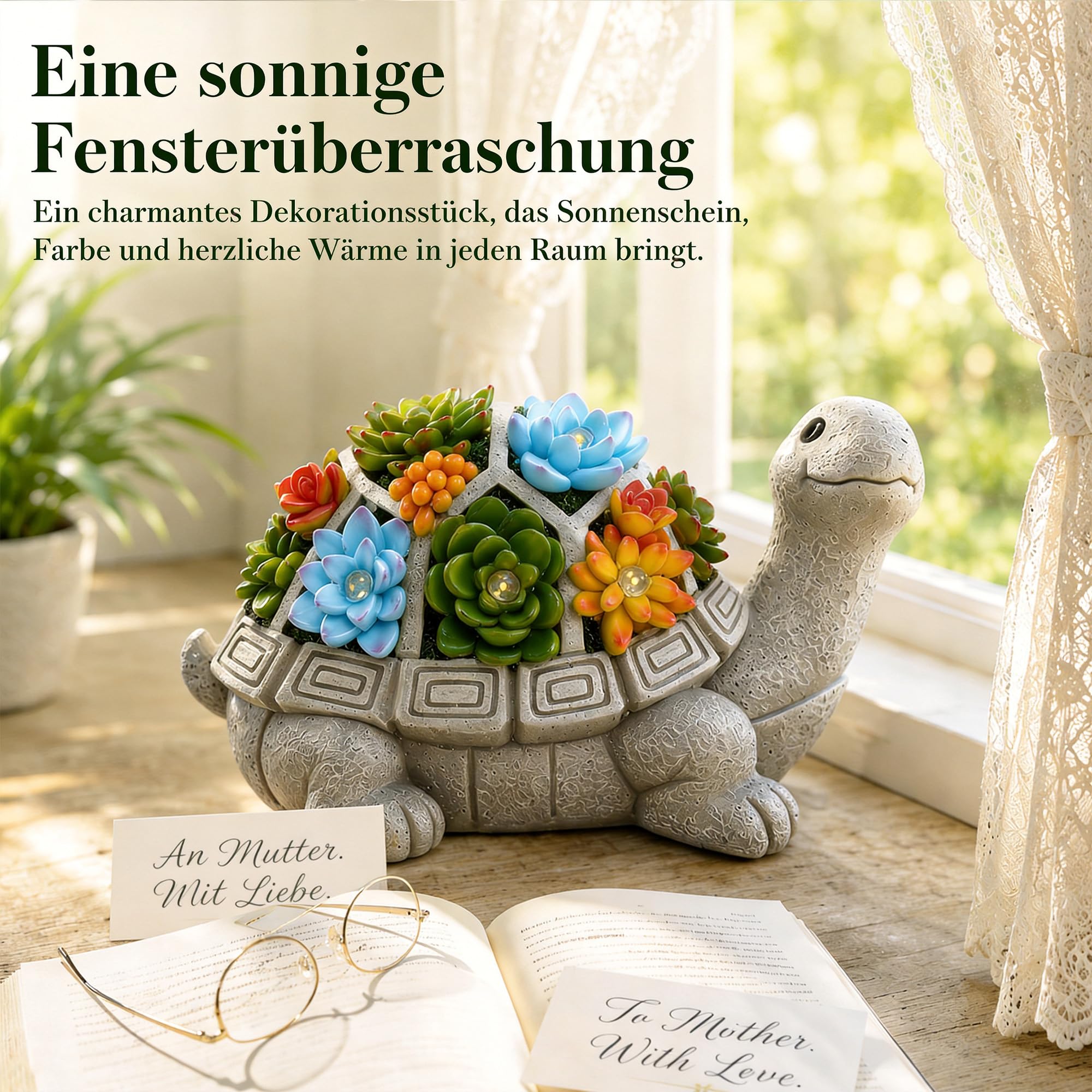 Yeomoo Solar Gartenfiguren Schildkröte Gartendeko für Draußen, mit Sukkulenten und 7 LED Leuchten Home Balkon Dekoration, Figur Kawaii Geschenke für Frauen/Mama Deko für Zimmer Terrasse