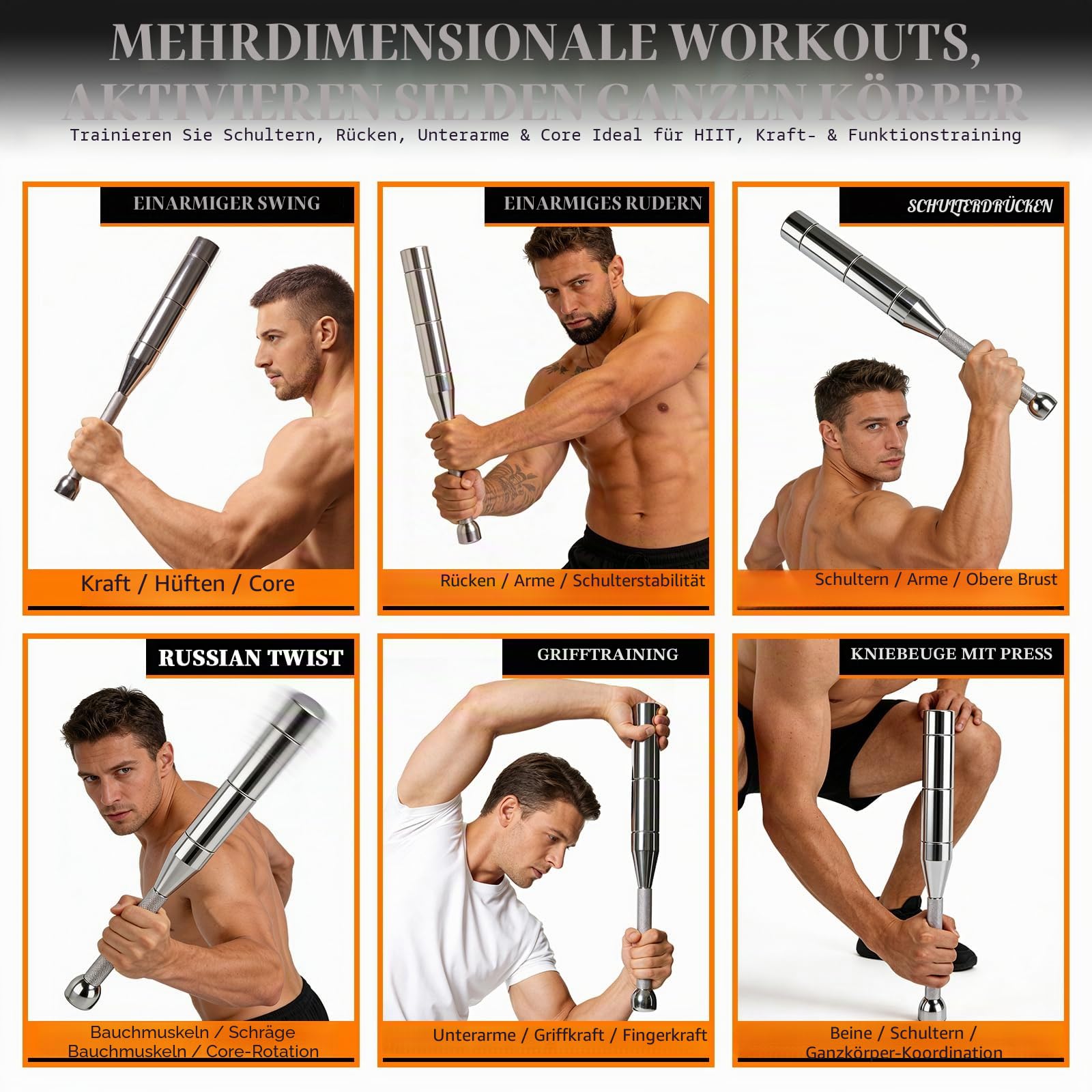 Verstellbare Macebell 3-8kg, 6-in-1 Clubbell für Krafttraining | Verstellbare Indian Clubbell aus Stahl mit 6 Gewichtsstufen, rutschfestem Griff für Schulter-, Core- und Ganzkörpertraining
