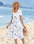 Zeagoo Summer Dress for Women 2026 Casual Floral Sundress with Pockets V Neck Pleated Short Sleeve Beach Vacation Dress