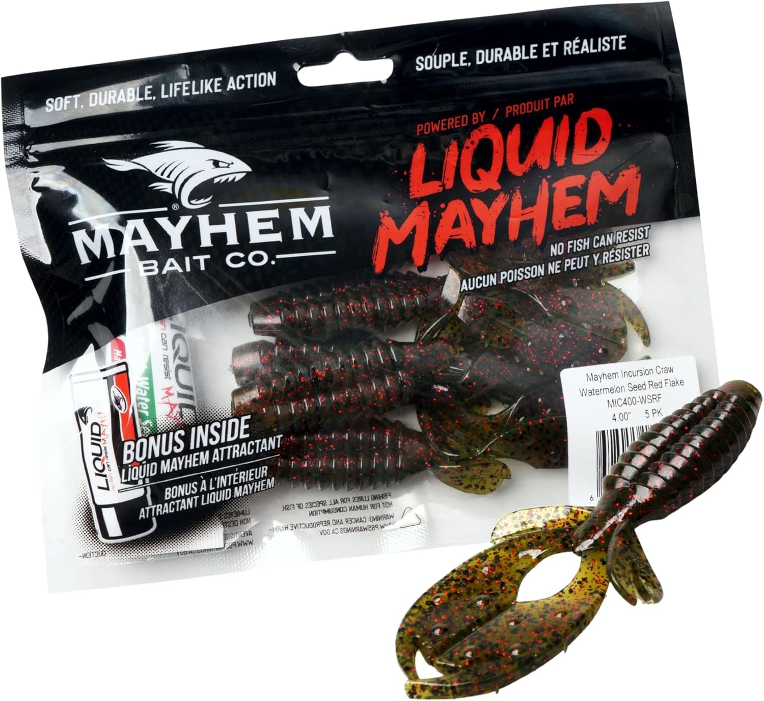 Liquid Mayhem 4” Incursion Craw, Soft Plastic Bass Lures – Easy to Rig with Lifelike Action – Includes Bonus 10ml Attractant Gel – 5 Baits Each Pack