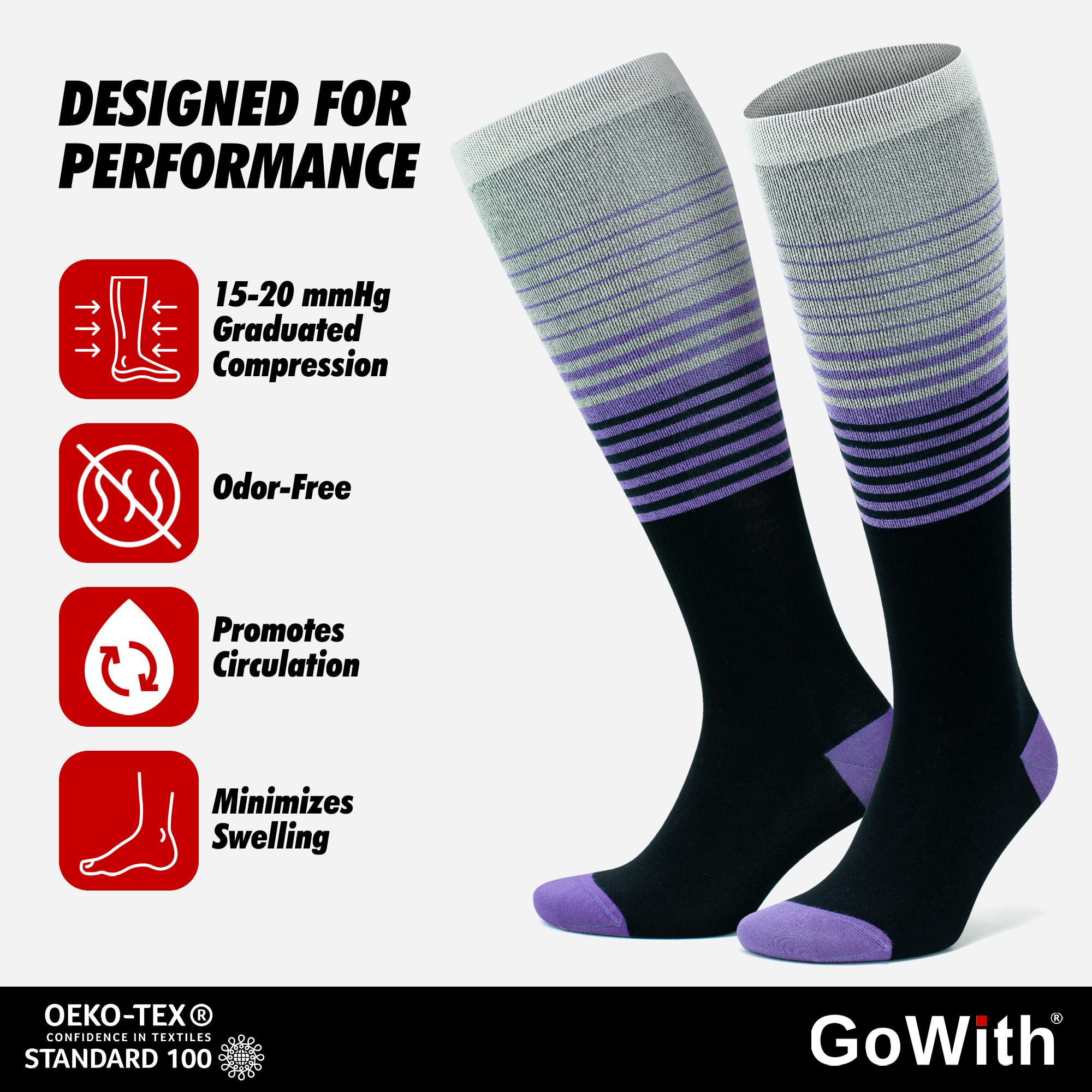 GoWith 2-1 par de medias de compresión de bambú para hombre y mujer (15-20 mmHg clase 1) medias de apoyo, calcetines de trombosis, calcetines de compresión, calcetines para fascitis plantar