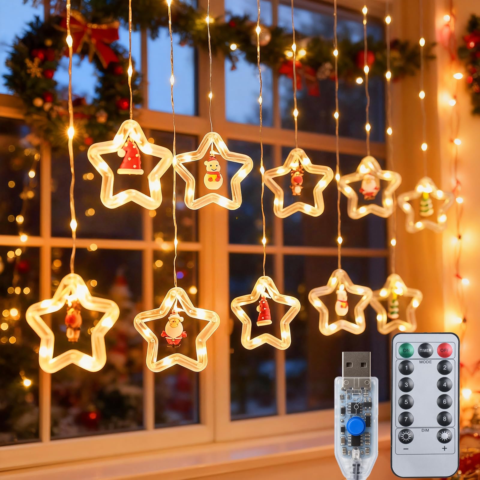 Qoosea Star Curtain Fairy Lights, 8 Modes 100 LED 3-M Christmas Window String Lights USB Powered, Waterproof Christmas Decorations for Xmas Garden Party Patio Outdoor Indoor Decoration Warm White