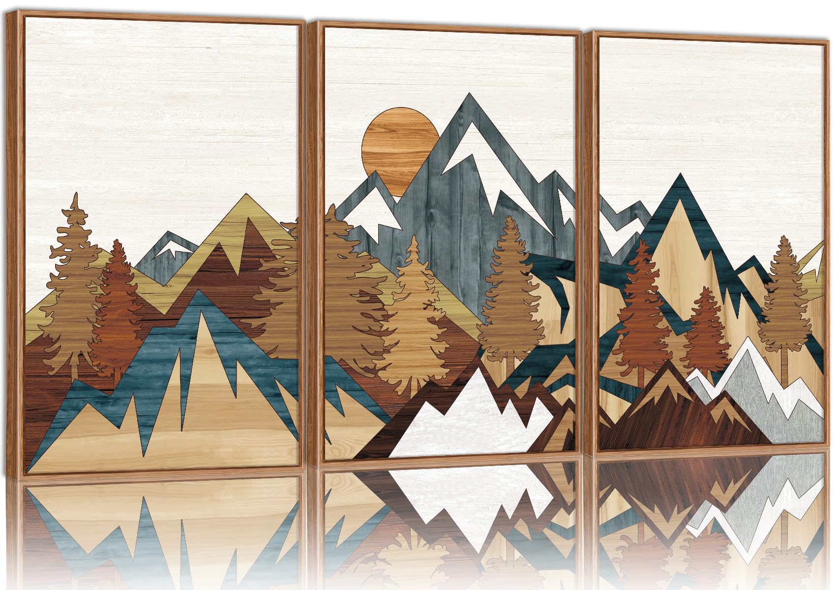 SIGNINART Vintage Mountain Framed Canvas Wall Art, Boho Sunrise Art Prints, Forest Nature Wilderness Art Paintings, Modern Farmhouse Woodcut Style