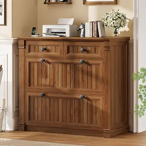 SEDETA 4 Drawers File Cabinet, 33" Farmhouse Style Wooden Office Storage with Power Outlets
