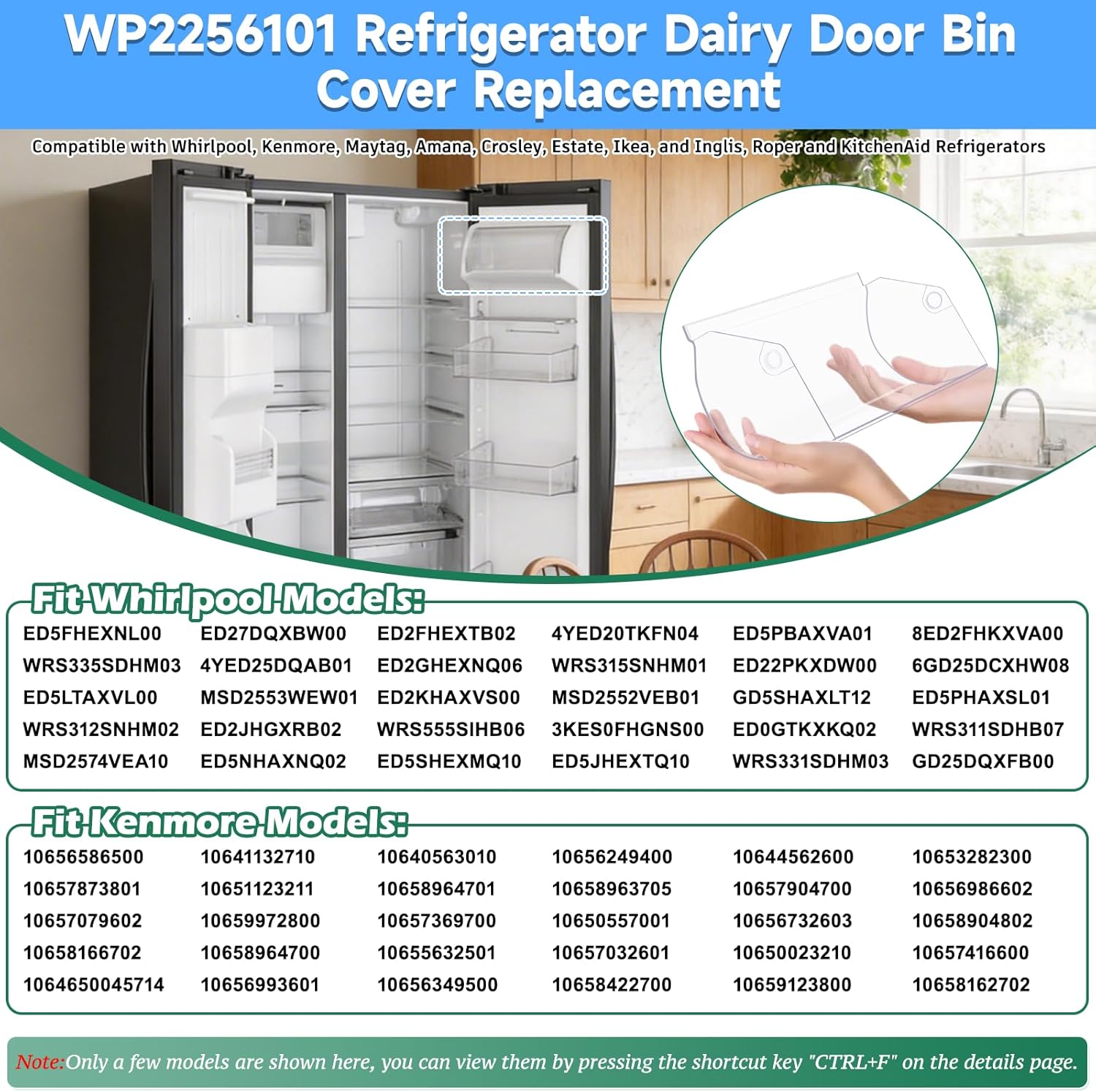 Upgraded WP2256101 Refrigerator Dairy Door Bin Cover Replacement Compatible with Whirlpool, Kenmore Refrigerator Door Shelf Replaces 2256101 Dairy Compartment Door Refrigerator Dairy Bin Cover