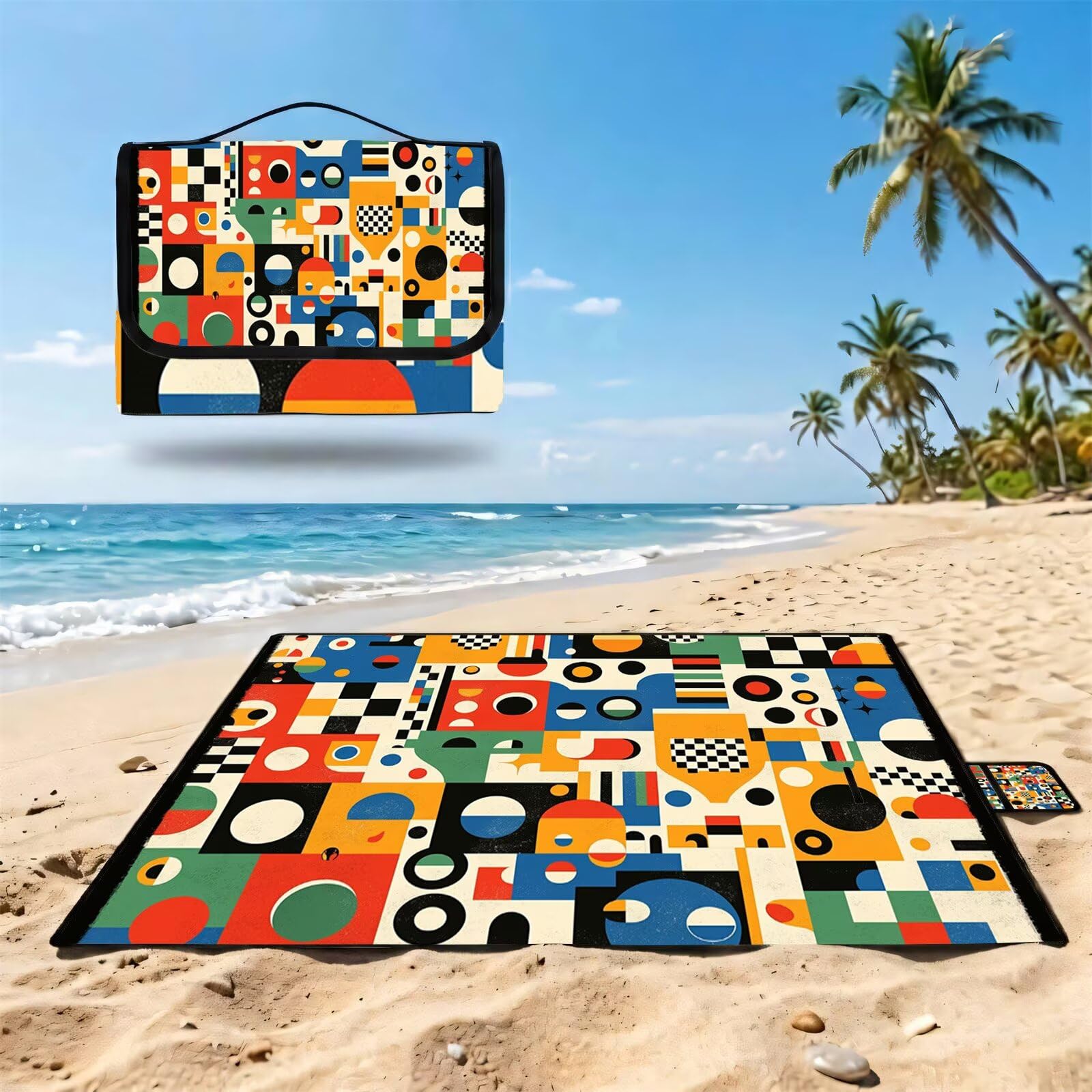 Couverture Pique Nique Grande 200x300cm,Outdoor Couverture Imperméable,Pliable Tapis de Plage Dos en PVC,Picnic Blanket pour Camping Accessoires,Jardin,Parc,Famille - Abstraction,géométrie FZ-106
