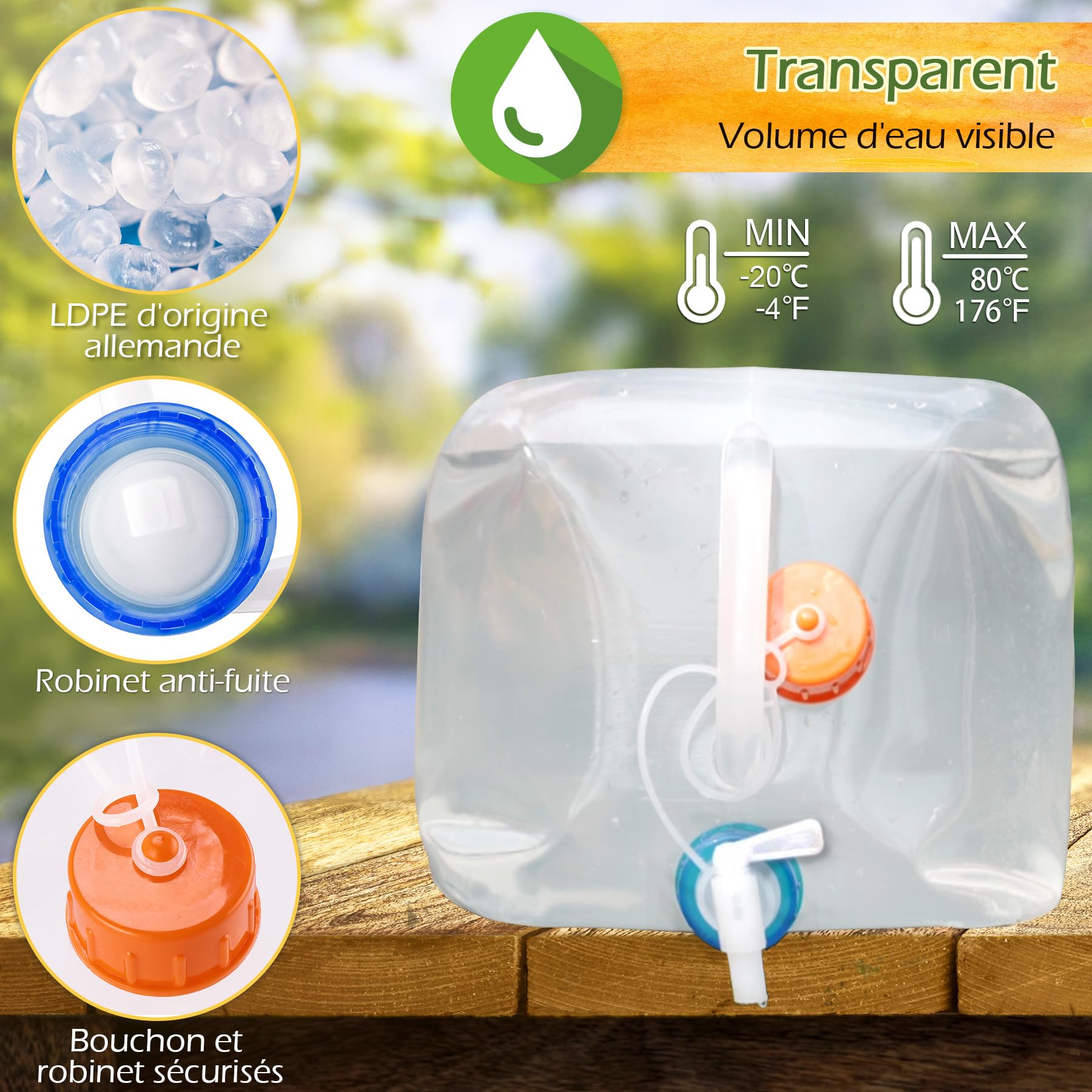 Bidon à Eau 20 litres Jerrican Extra Fort avec Bouchon Simple et Robinet Certifié Contact Alimentaire sans BPA