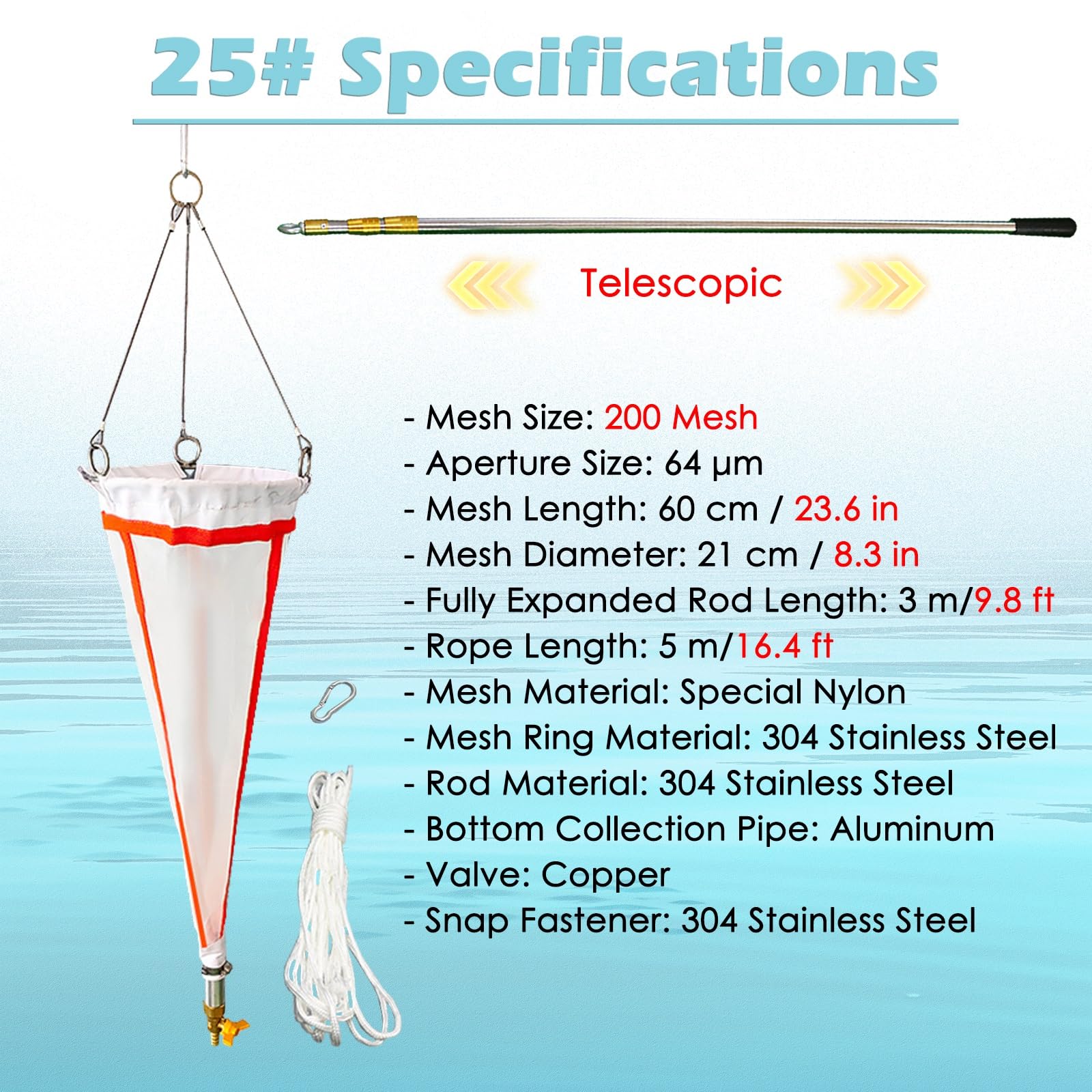 Student Plankton Collection Net w/Telescoping Pole, 112?m 64?m Aperture Experimental Fine Nylon Sample Collecting for Phytoplankton/Protozoa/Rotifers, with 16ft Rope(25# - 200 Mesh)